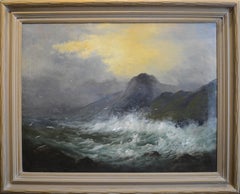 "Paisaje marino" - Pintura realista romántica sobre el océano enmarcada del siglo XX
