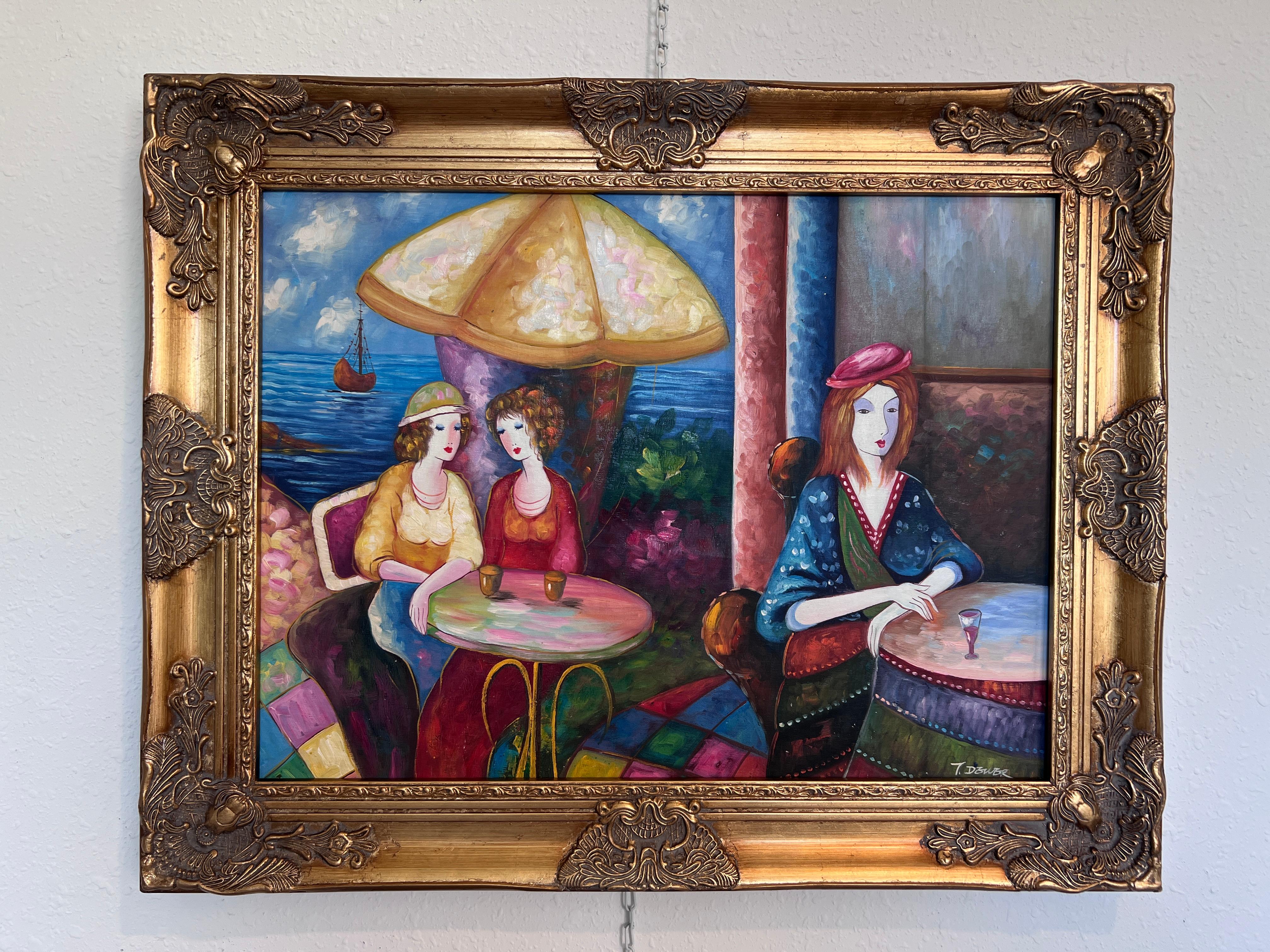 Seaside Caf�é Scene - Figurative Impressionist Öl auf Leinwand Signiert, Ornate Frame – Painting von Unknown
