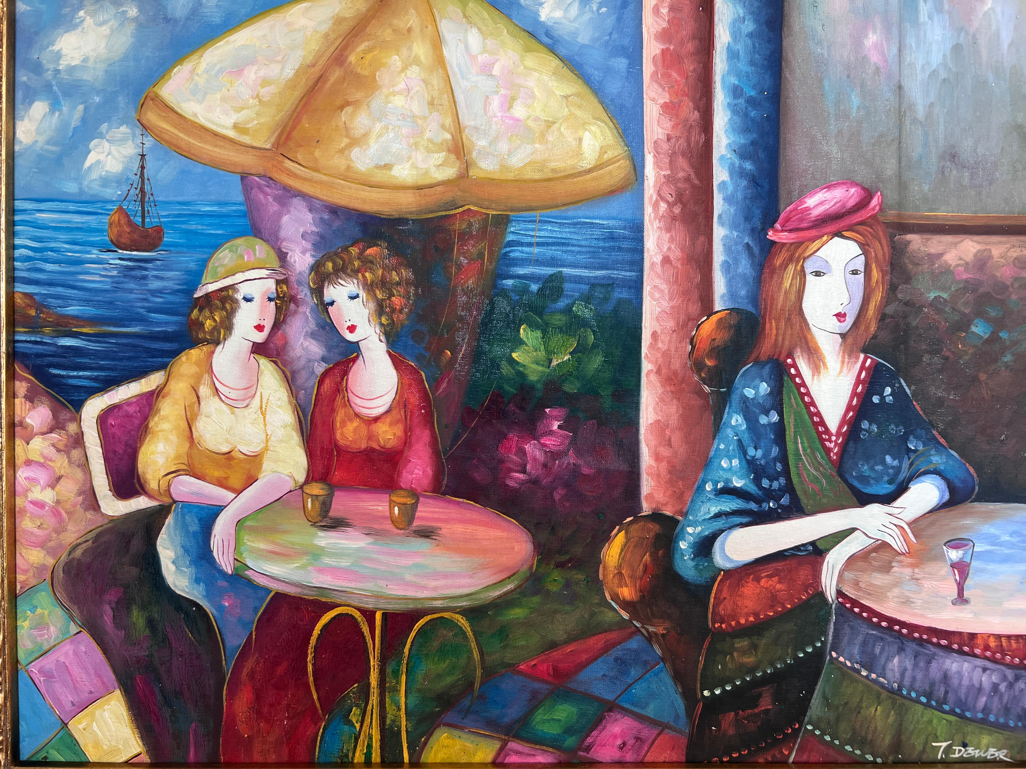 Seaside Café Scene - Figurative Impressionist Öl auf Leinwand Signiert, Ornate Frame (Impressionismus), Painting, von Unknown