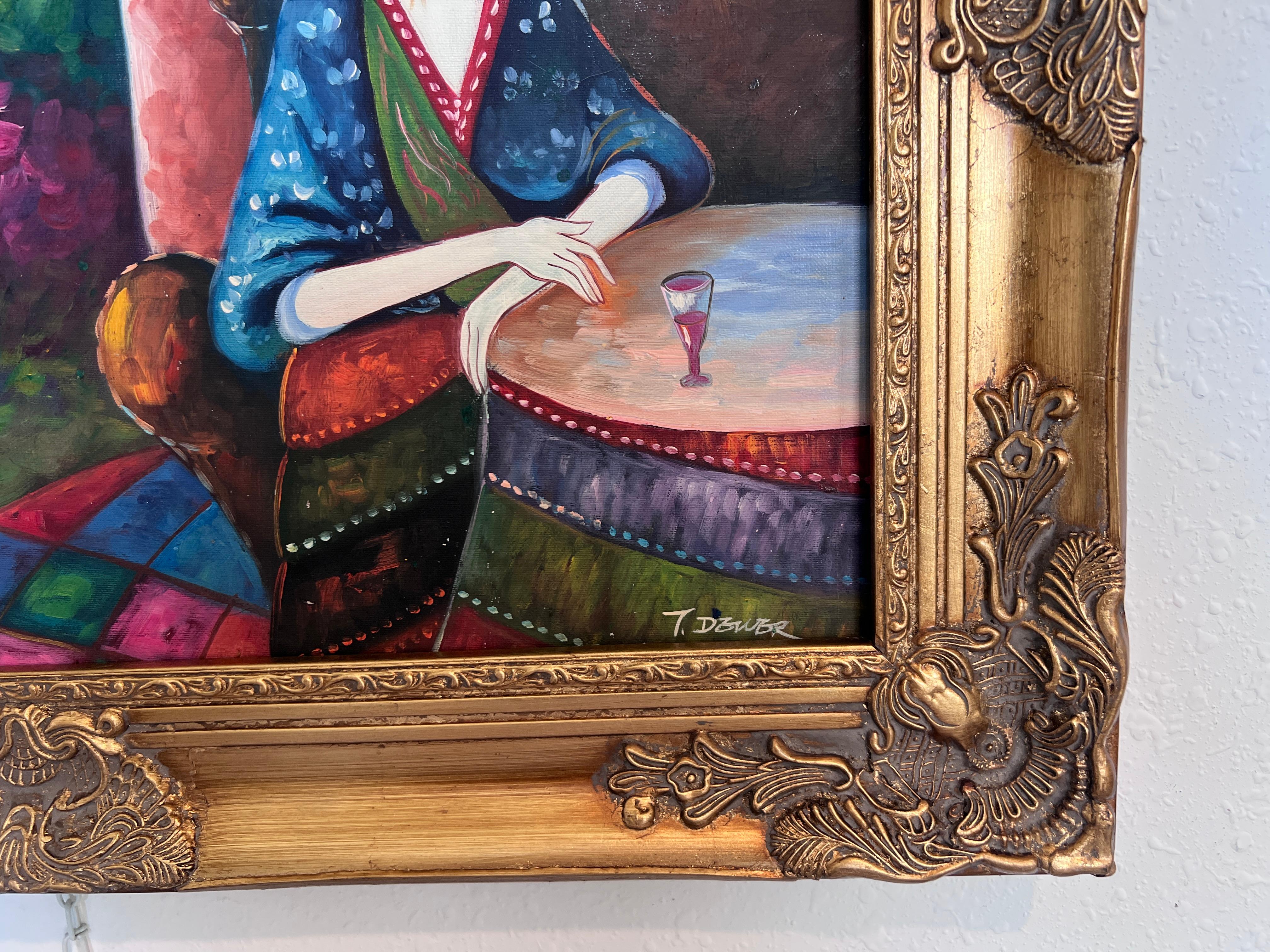 Seaside Café Scene - Figurative Impressionist Öl auf Leinwand Signiert, Ornate Frame im Angebot 2