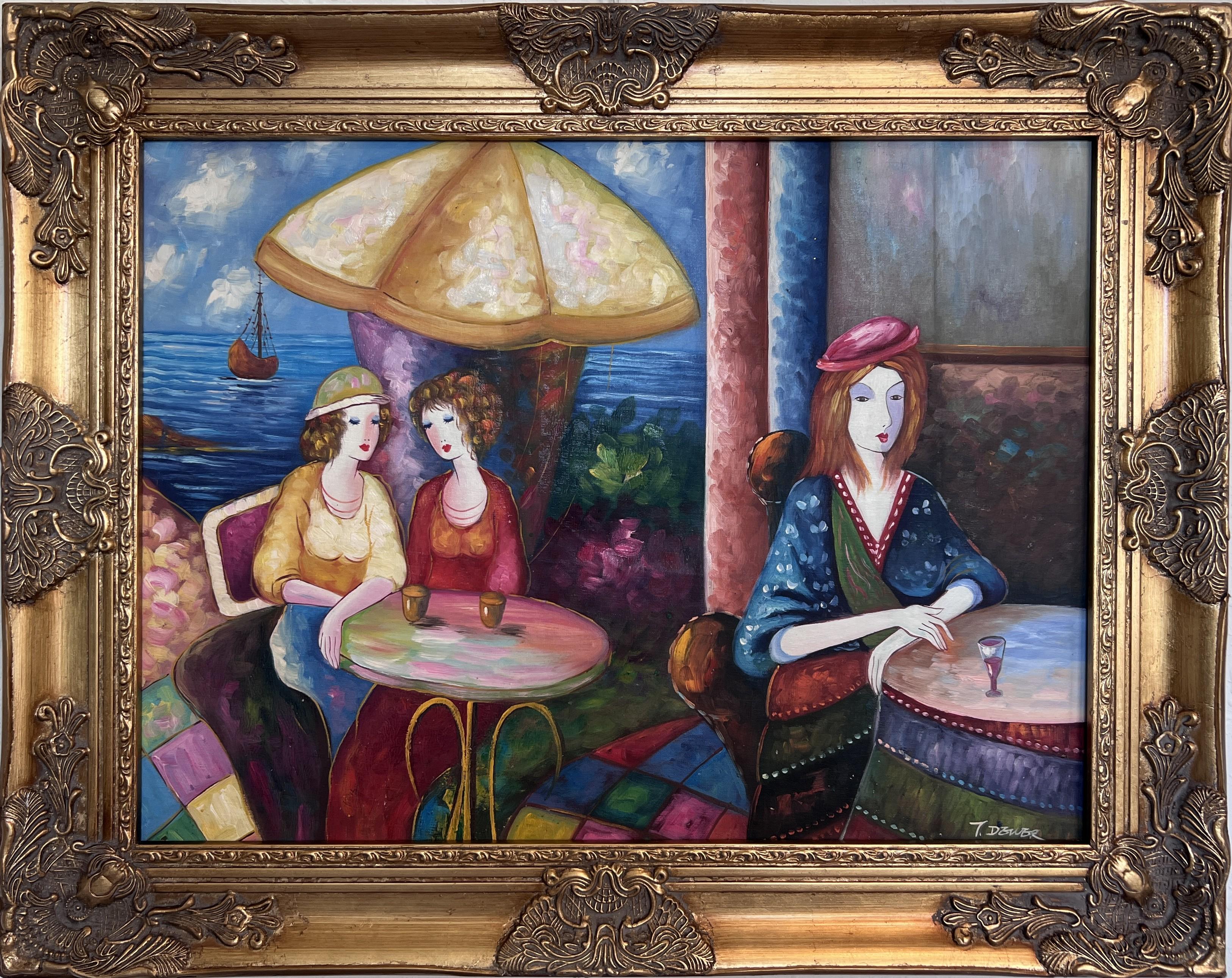 Unknown Portrait Painting – Seaside Café Scene - Figurative Impressionist Öl auf Leinwand Signiert, Ornate Frame