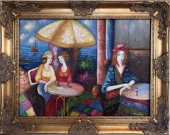 Seaside Café Scene - Figurative Impressionist Öl auf Leinwand Signiert, Ornate Frame