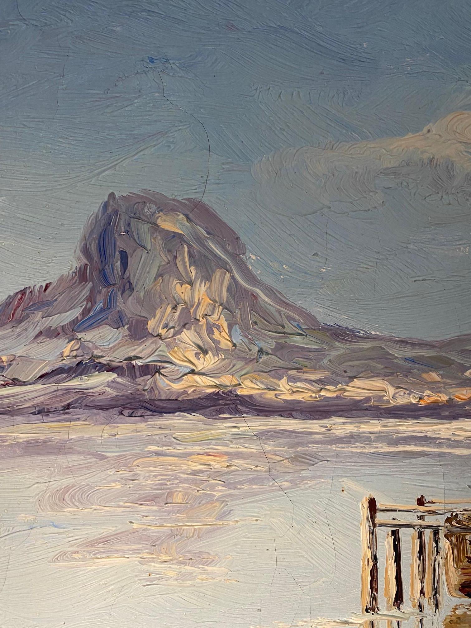 Meereslandschaftshäuser von N. Busnelli - Öl auf Leinwand 47x55 cm (Grau), Landscape Painting, von Unknown