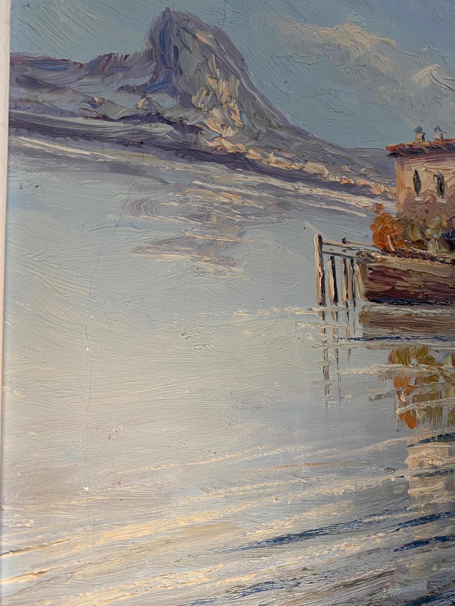Meereslandschaftshäuser von N. Busnelli - Öl auf Leinwand 47x55 cm im Angebot 1