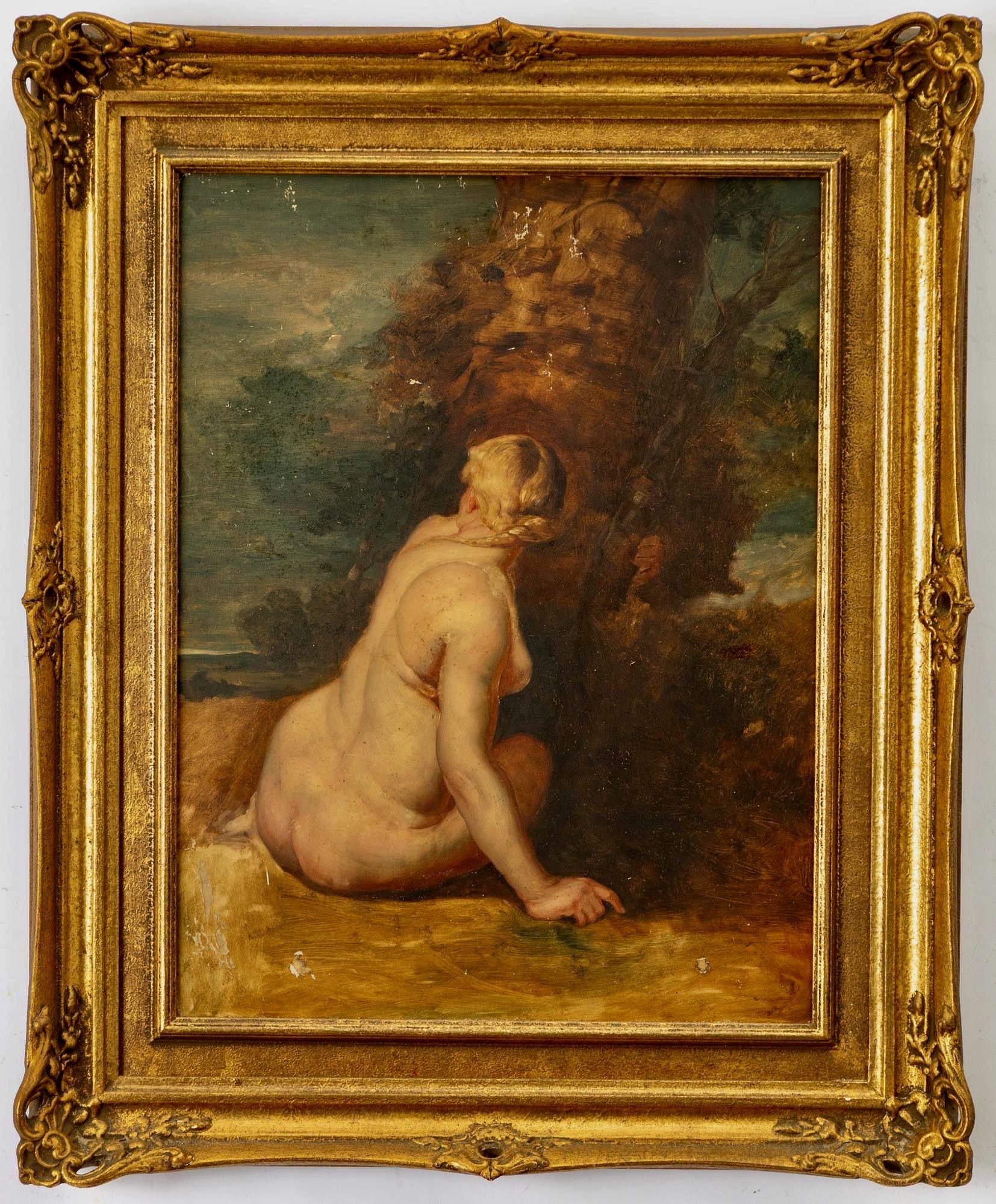 Unknown Figurative Painting - Female Nude Study in Landscape, Oil on Panel, Circa 1860, American