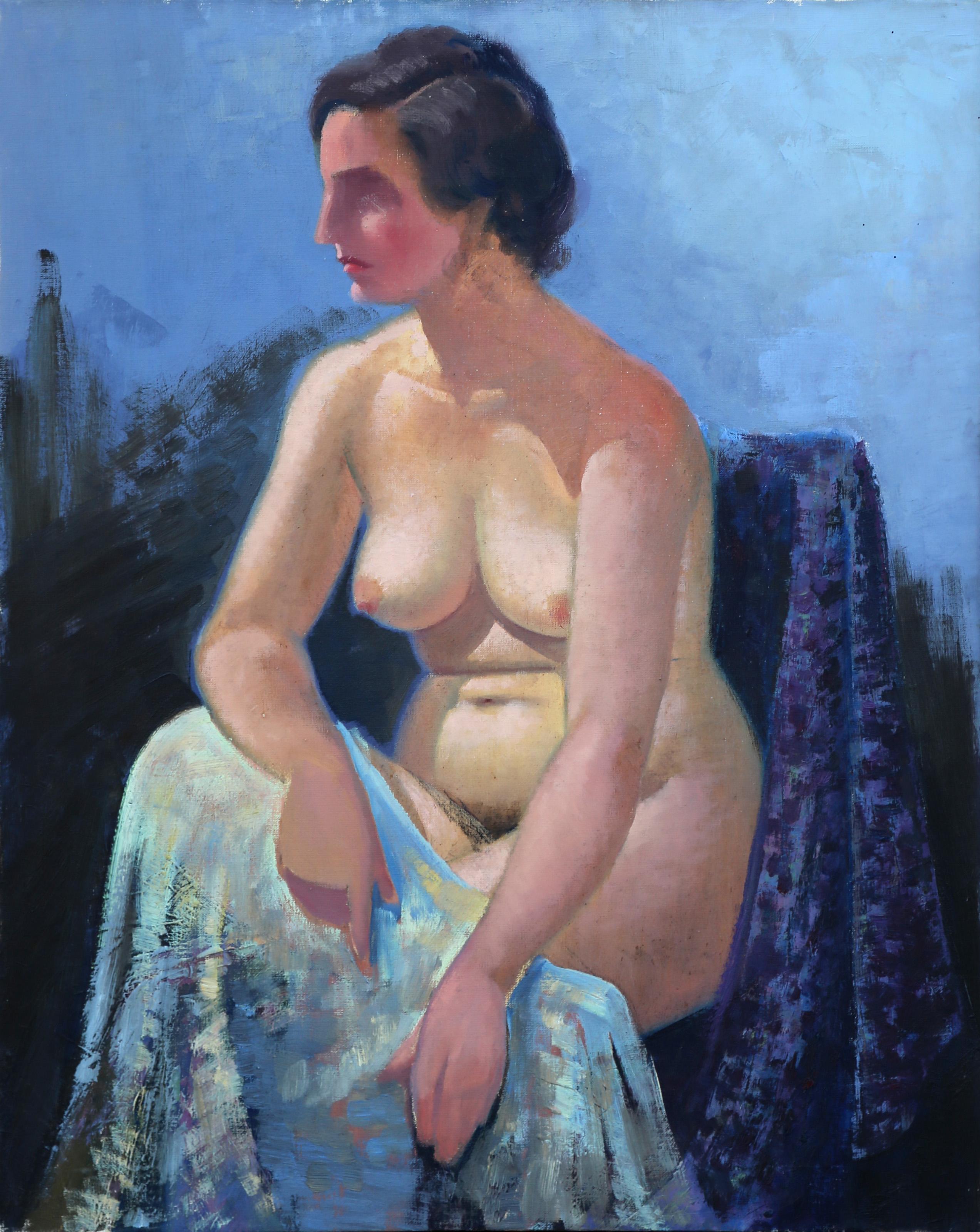 Jalal Gharbi, Tunisino/Americano (1920 - 2005) - Nudo seduto, Anno:  circa 1970, Medio:  Olio su tela, Dimensioni:  30 x 24 pollici (76,2 x 60,96 cm), Descrizione:  Un dipinto a olio di nudo seduto di Jalal Gharbi (1920-2005) che è stato un