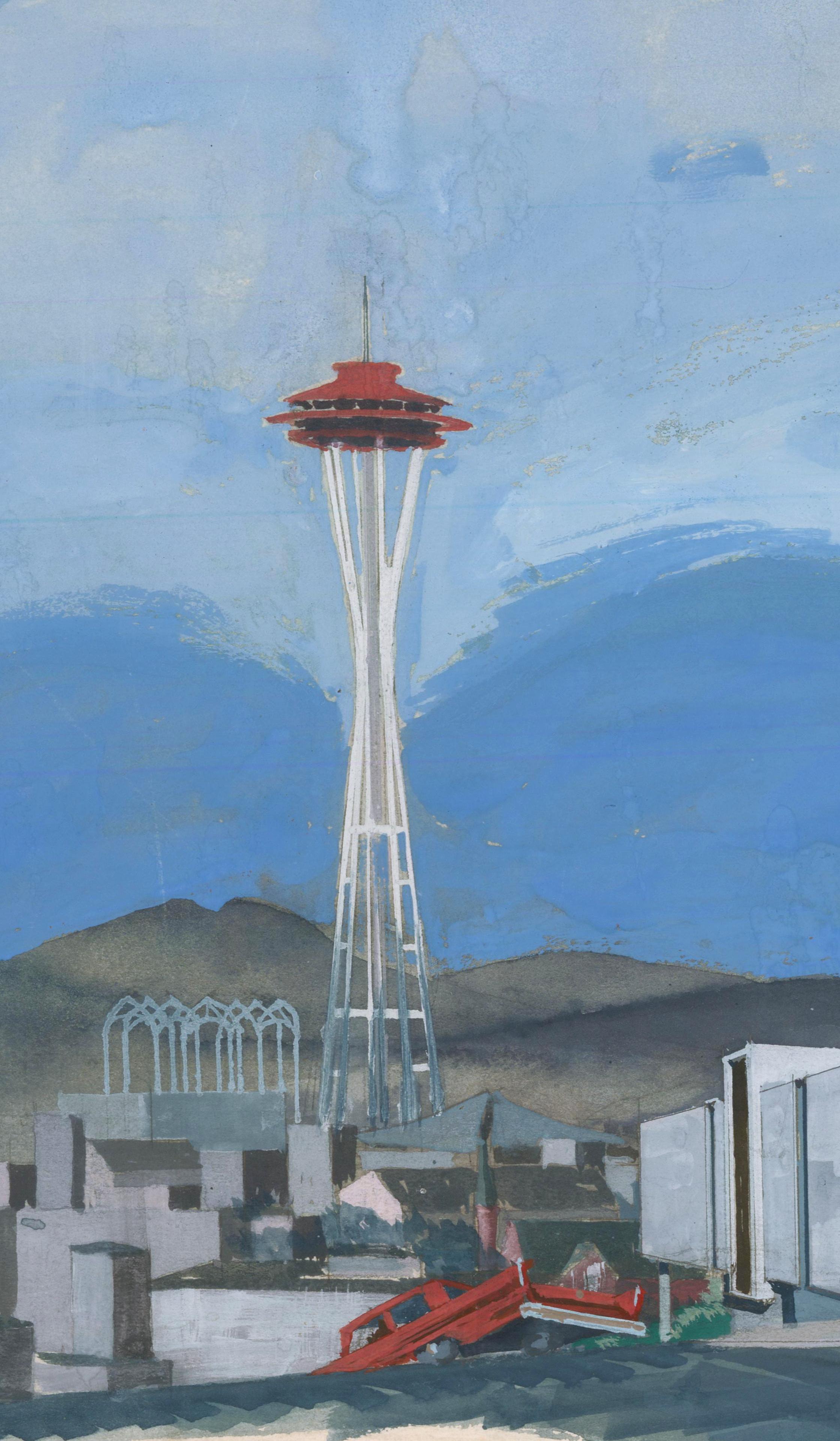 Seattle Gebäudedesign mit Raumteiler und Space Needle &Pacific Science Center im Hintergrund (Blau), Landscape Painting, von Unknown