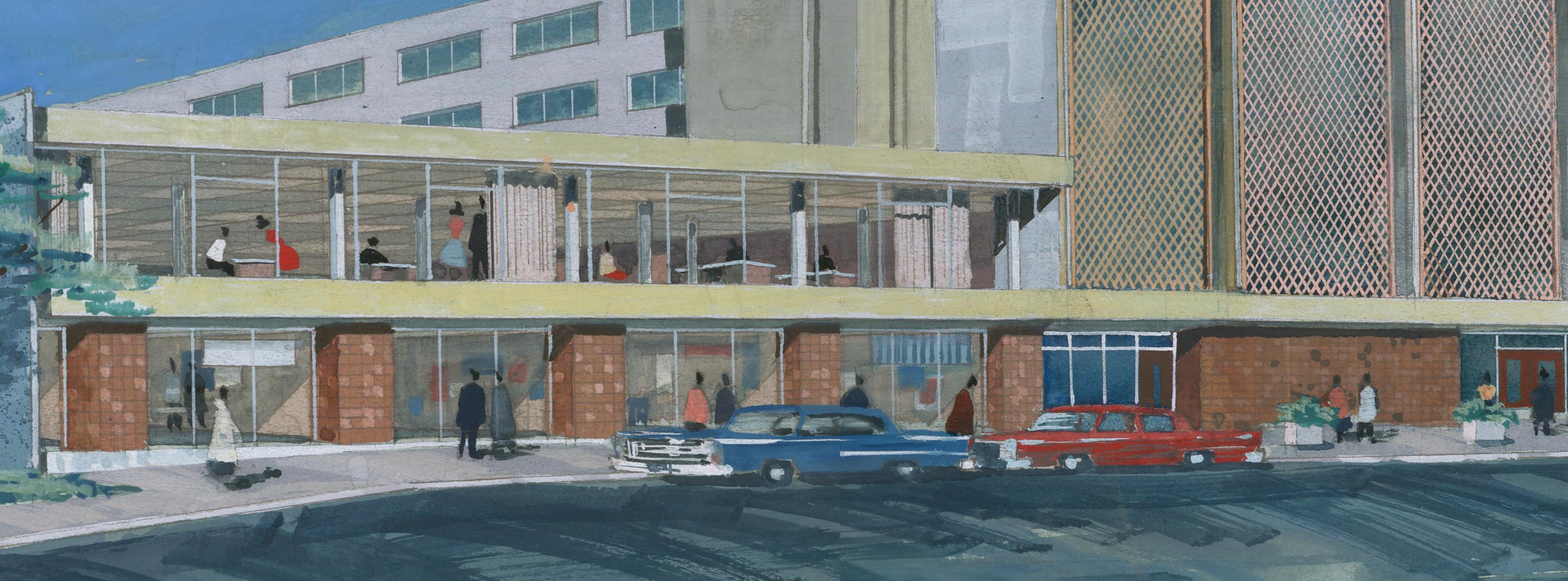 Possiblement un rendu de la rénovation du Marion Oliver McCaw Hall dans le Downtown Seattle.
Gouache originale sur carton d'artiste.
Artistics, circa 1962, artiste inconnu.
