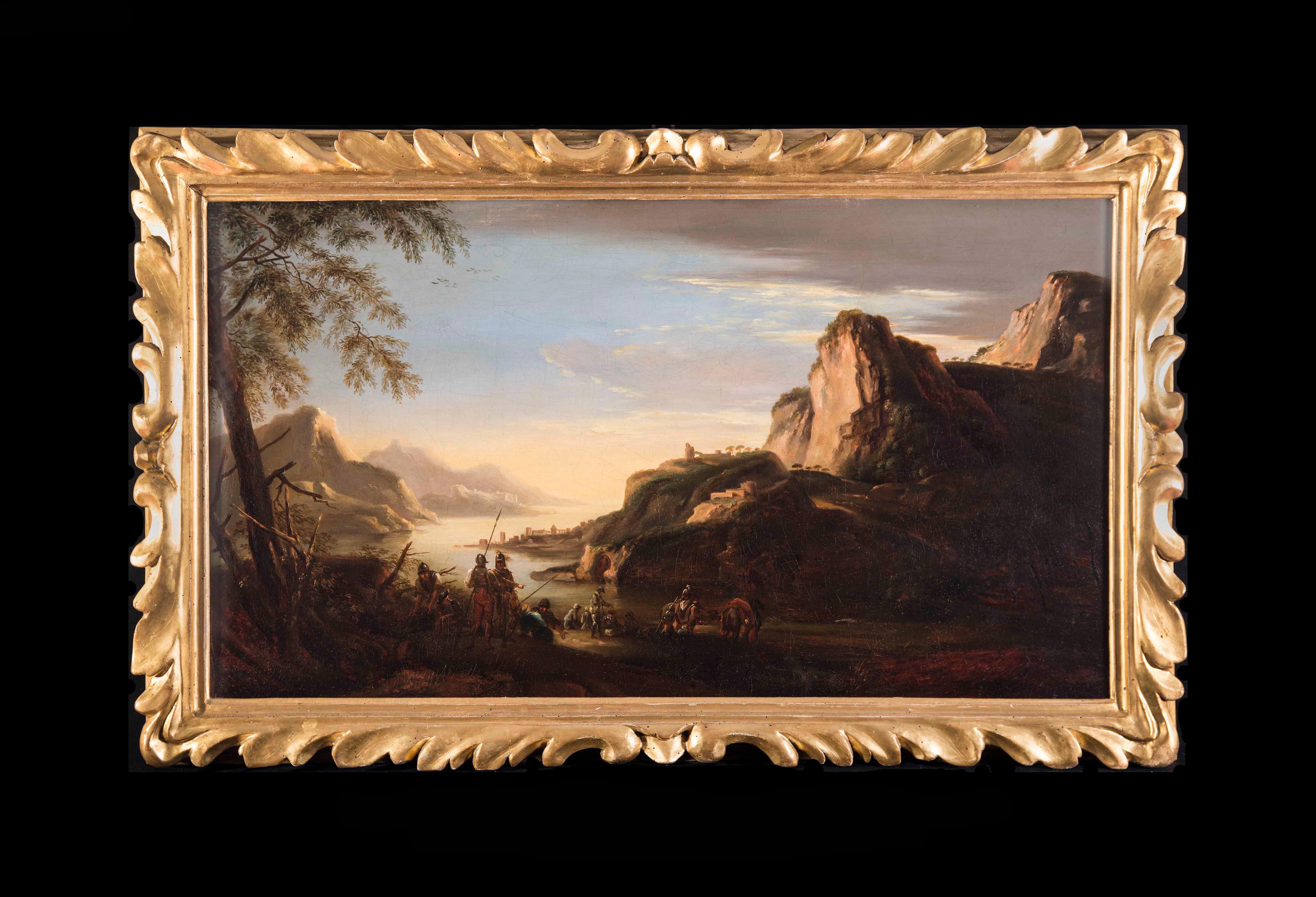 Unknown Landscape Painting - Seguace di Salvator Rosa, Paesaggio con personaggi