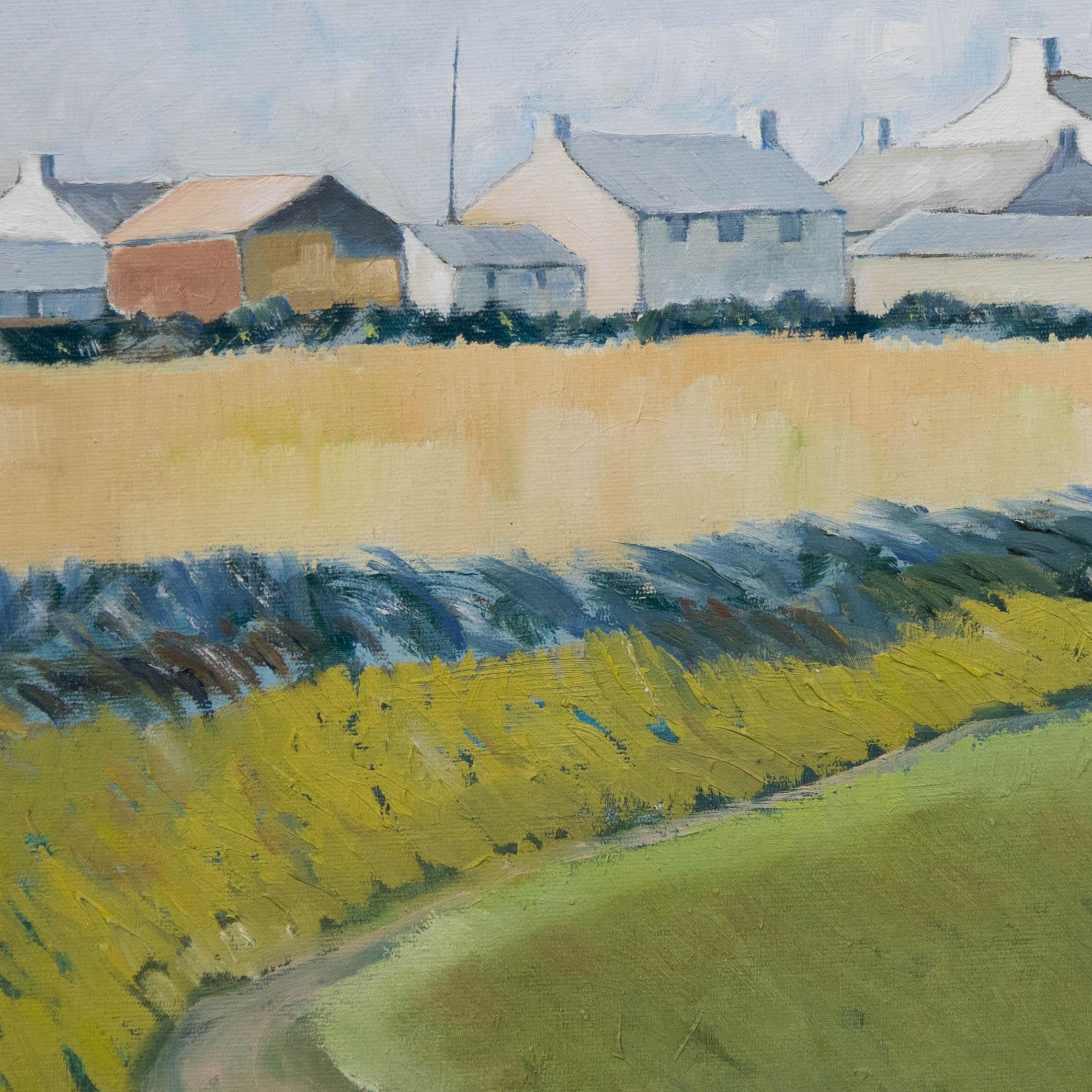 Impressionistische Szene in Öl. Coastal Farm, Pembrokeshire. Signiert und datiert (2001) unten rechts. Gut präsentiert in einem schlichten Holzrahmen. mit weiteren Beschriftungen von der Hand des Künstlers verso. Auf Leinwandkarton. 