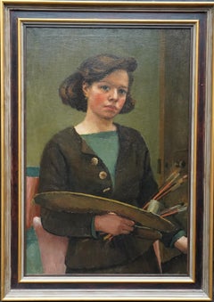 Self Portrait of a Female Artist with Palette - British 1930's art oil painting 