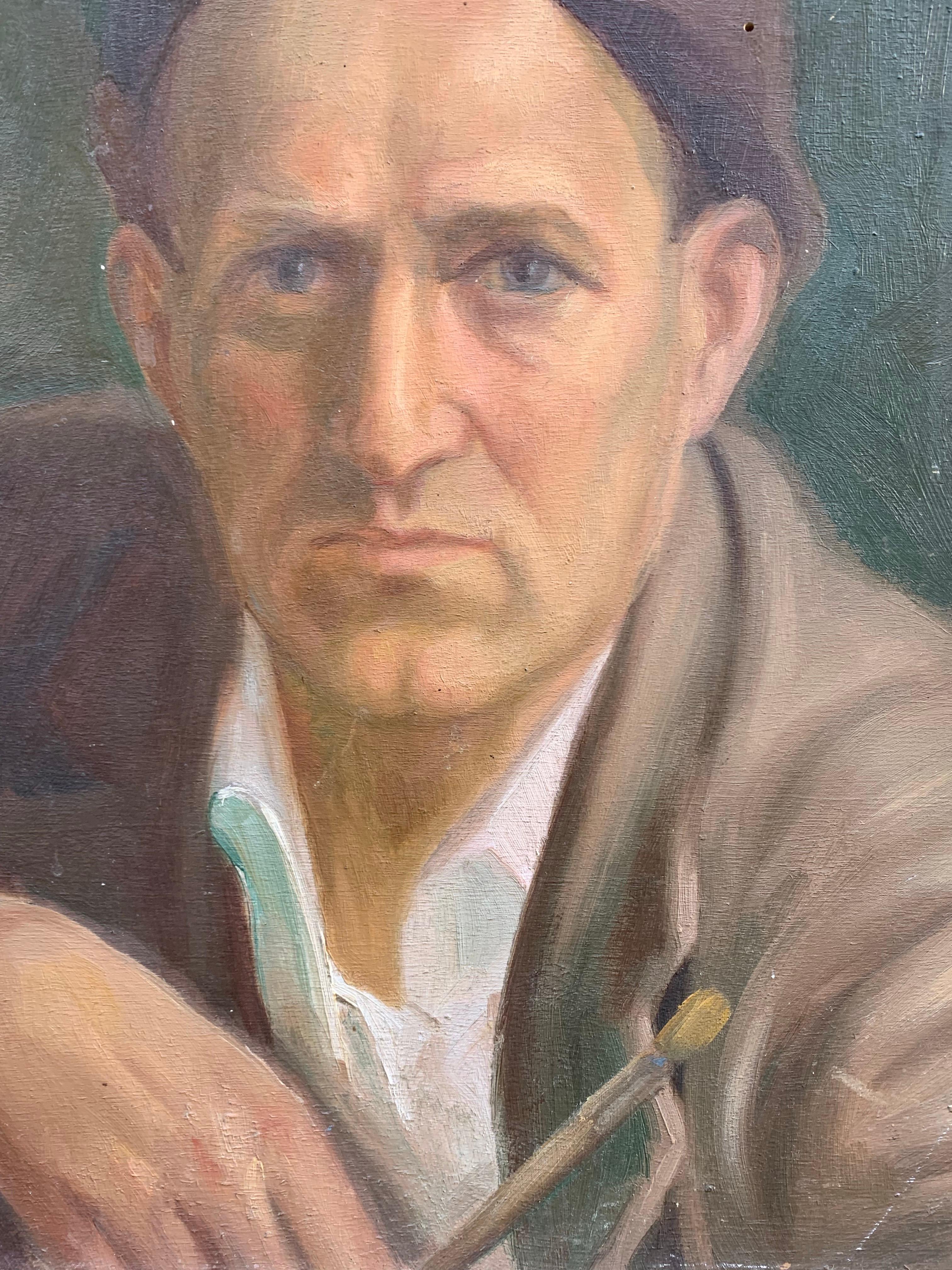 Selbstporträt des Malers mit Beret und Pinsel in der Hand, 1930er Jahre (Art déco), Painting, von Unknown