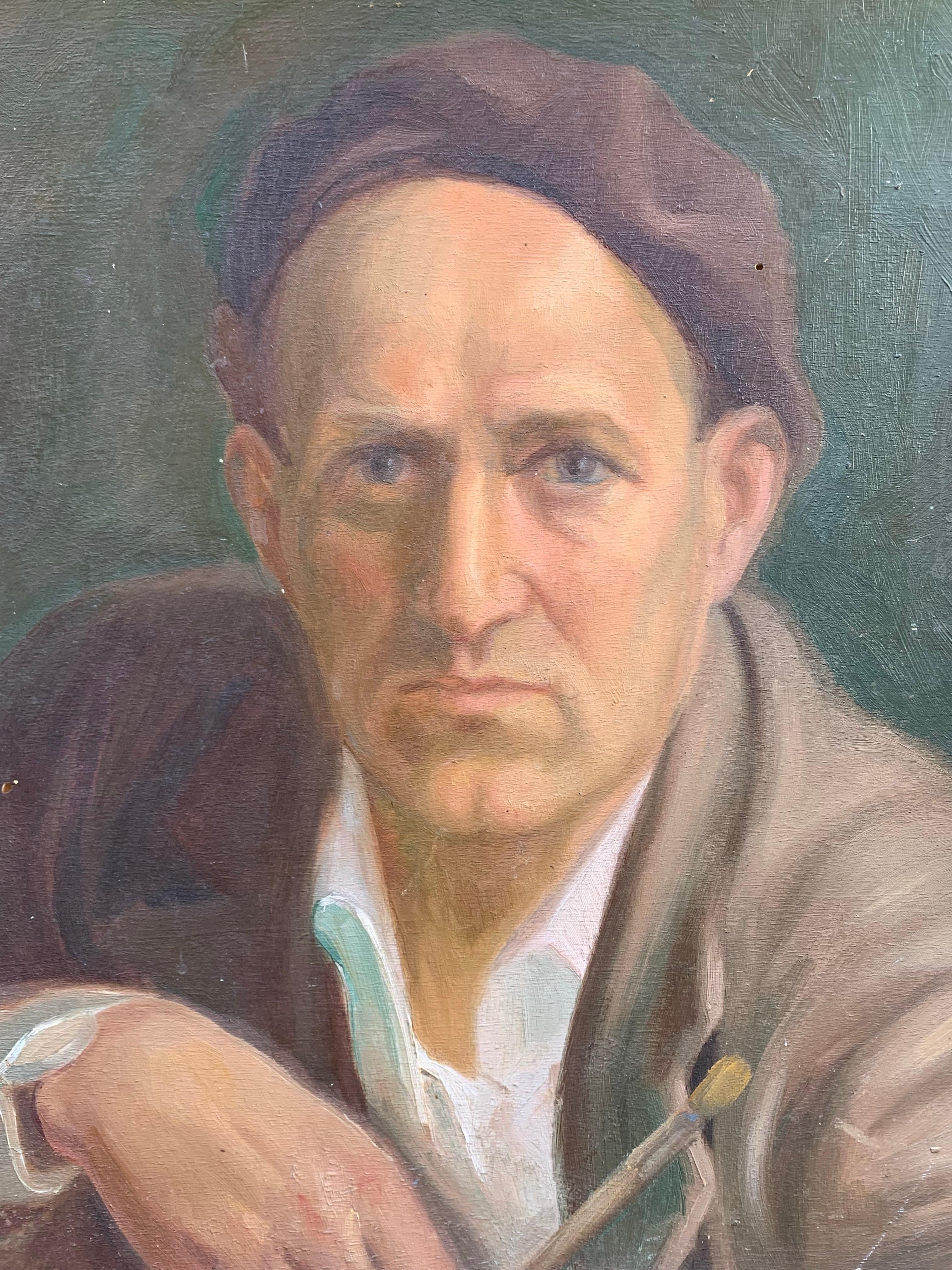 Selbstporträt des Malers mit Beret und Pinsel in der Hand, 1930er Jahre im Angebot 3