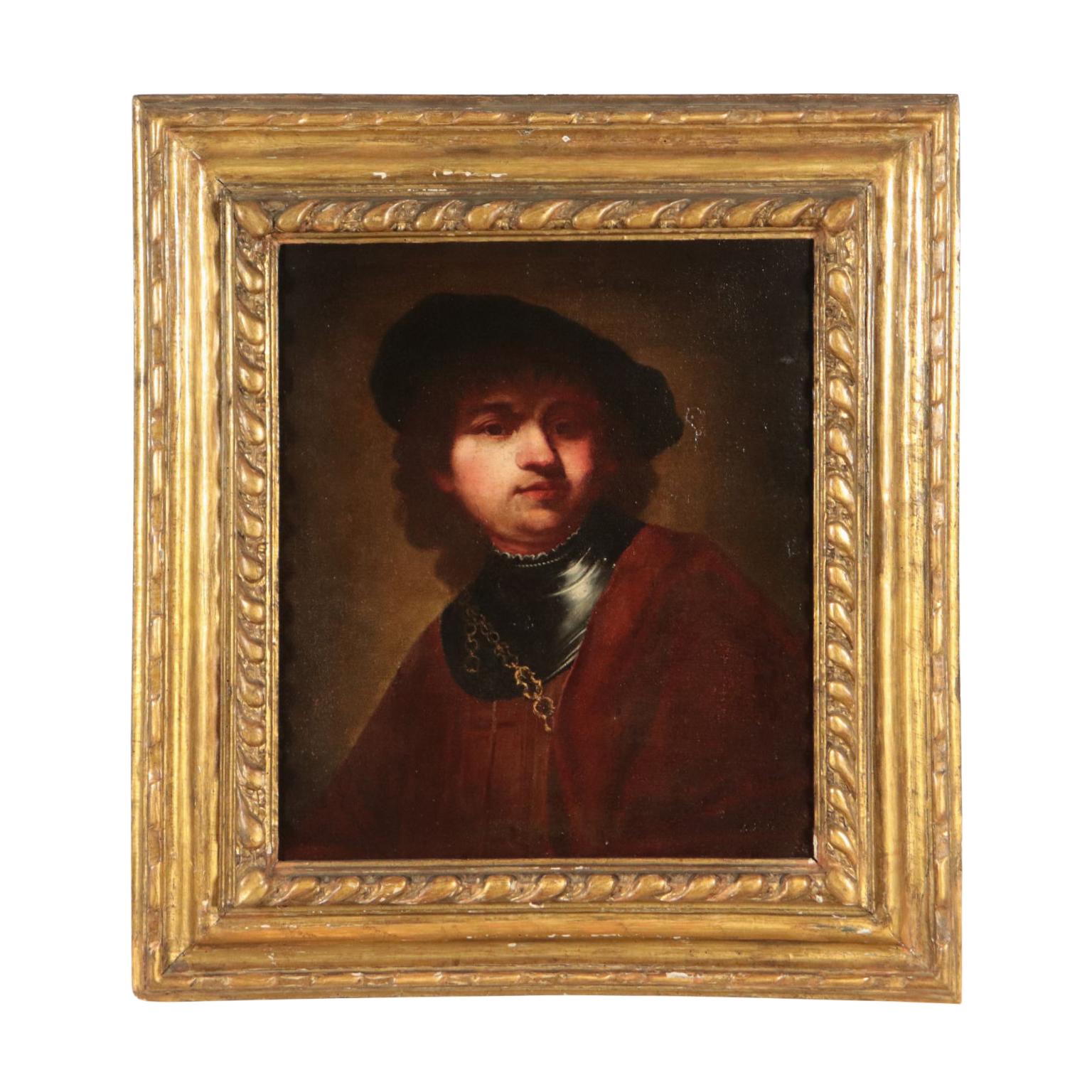 Unknown Portrait Painting - Self-Portrait of Young Rembrandt, Copy, Oil on Canvas, 17th Century