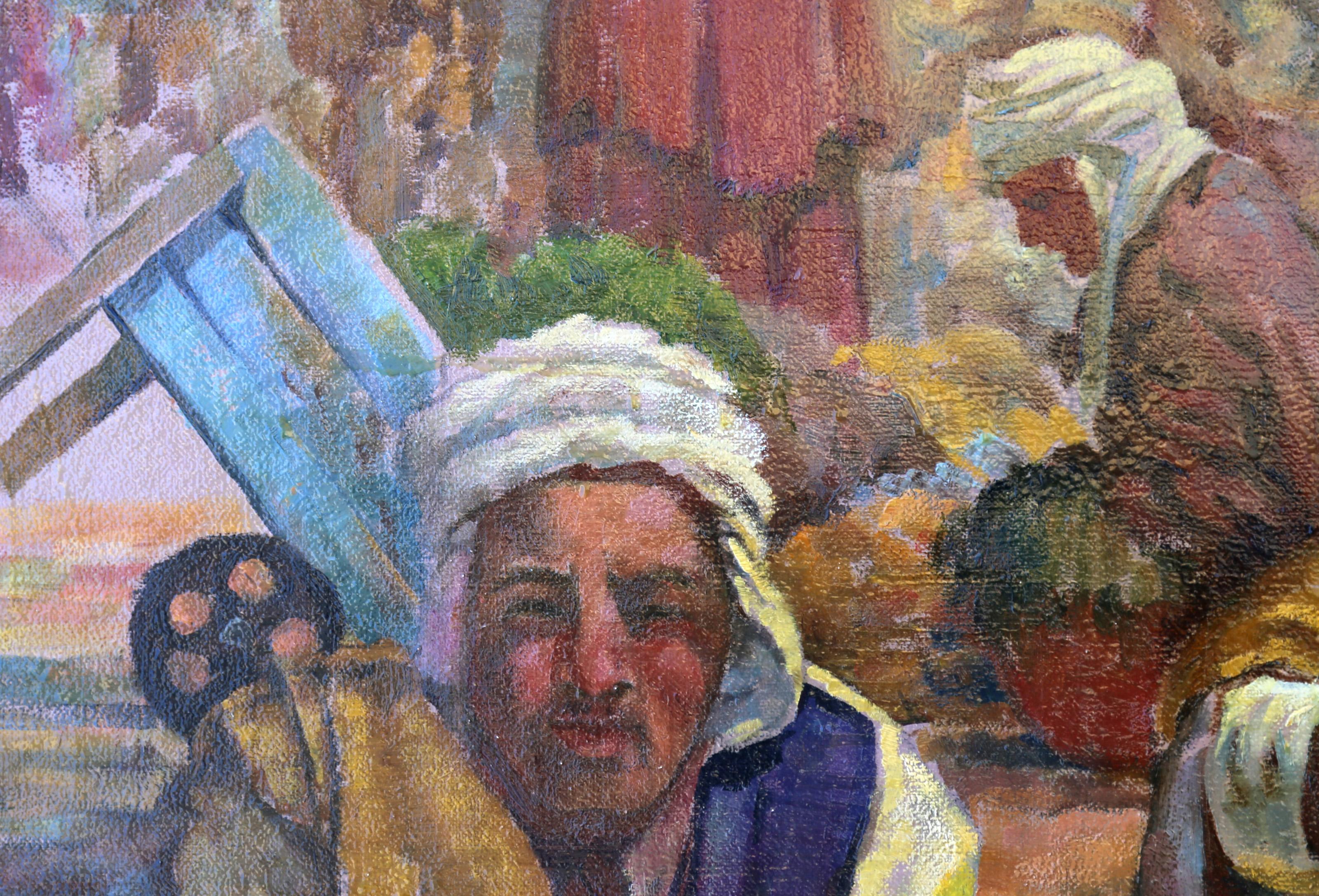 Sellers at the Market, Volkskunst Öl auf Leinwand Gemälde von Jalal Gharbi im Angebot 2