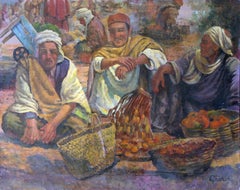 Sellers at the Market, Folk Art Oil on Canvas Painting by Jalal Gharbi