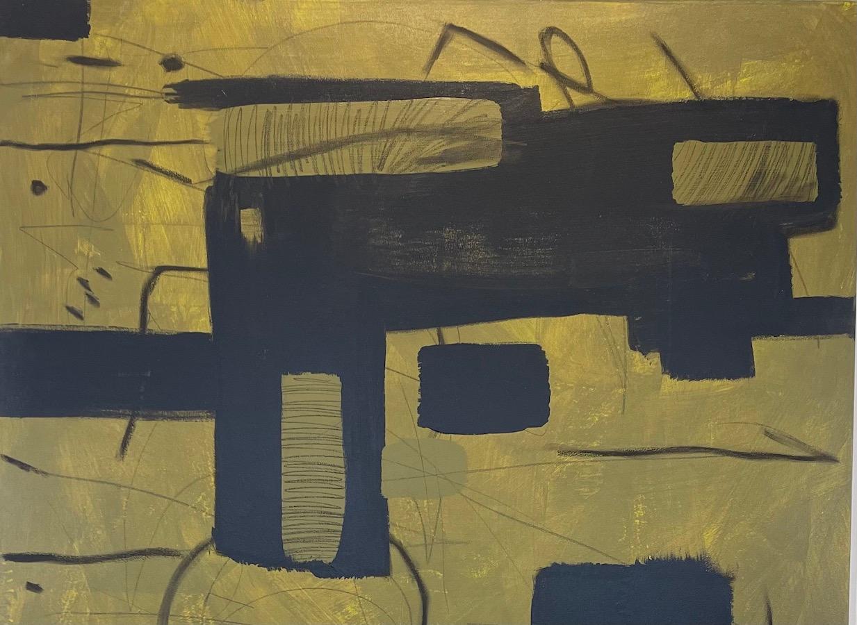 Separated By A Line by Murray Duncan, mix media on canvas, abstract geometric - Brown Abstract Painting by Unknown