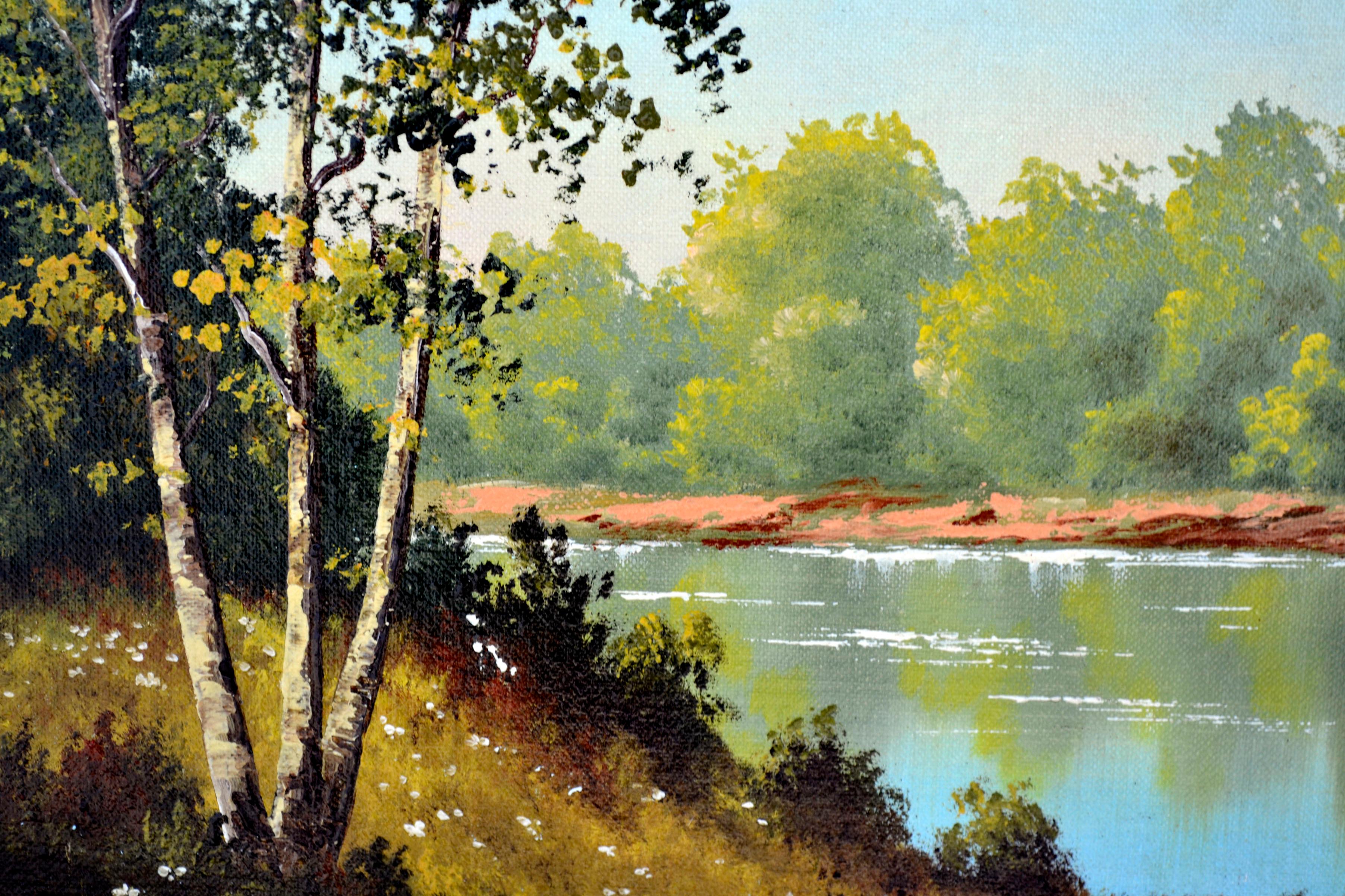 Mid Century Serene Lakeside Landscape - Brown Landscape Painting by Unknown