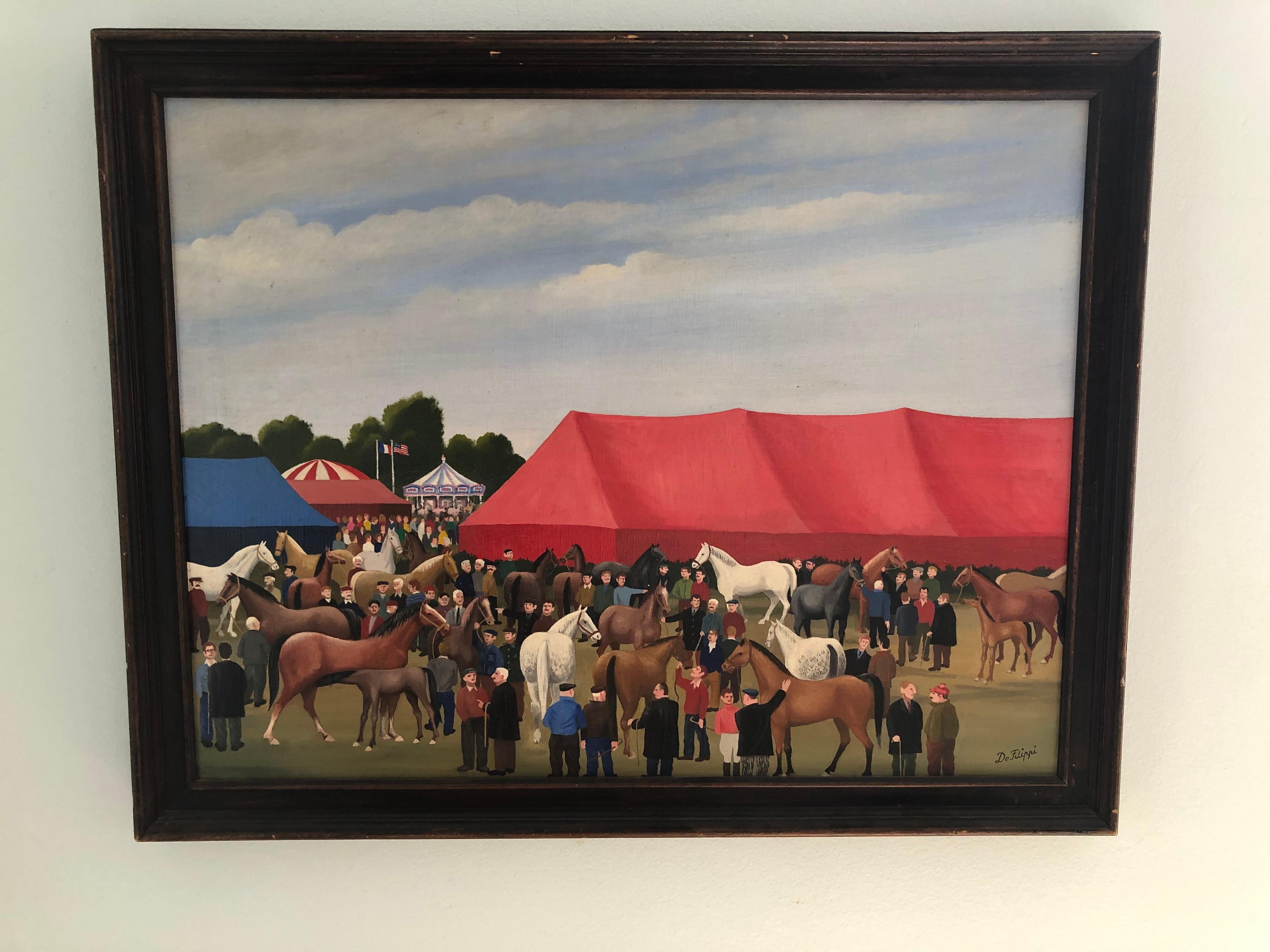 Wonderful and rare Serge De Filippi original oil on canvas painting. Charming colorful scene of  a horse show and fair. Measures 25 3/4 inches wide by 20 high. Frame measures 28 1/2 by 22 1/2. Painting is titled in French on back stretcher bar. A