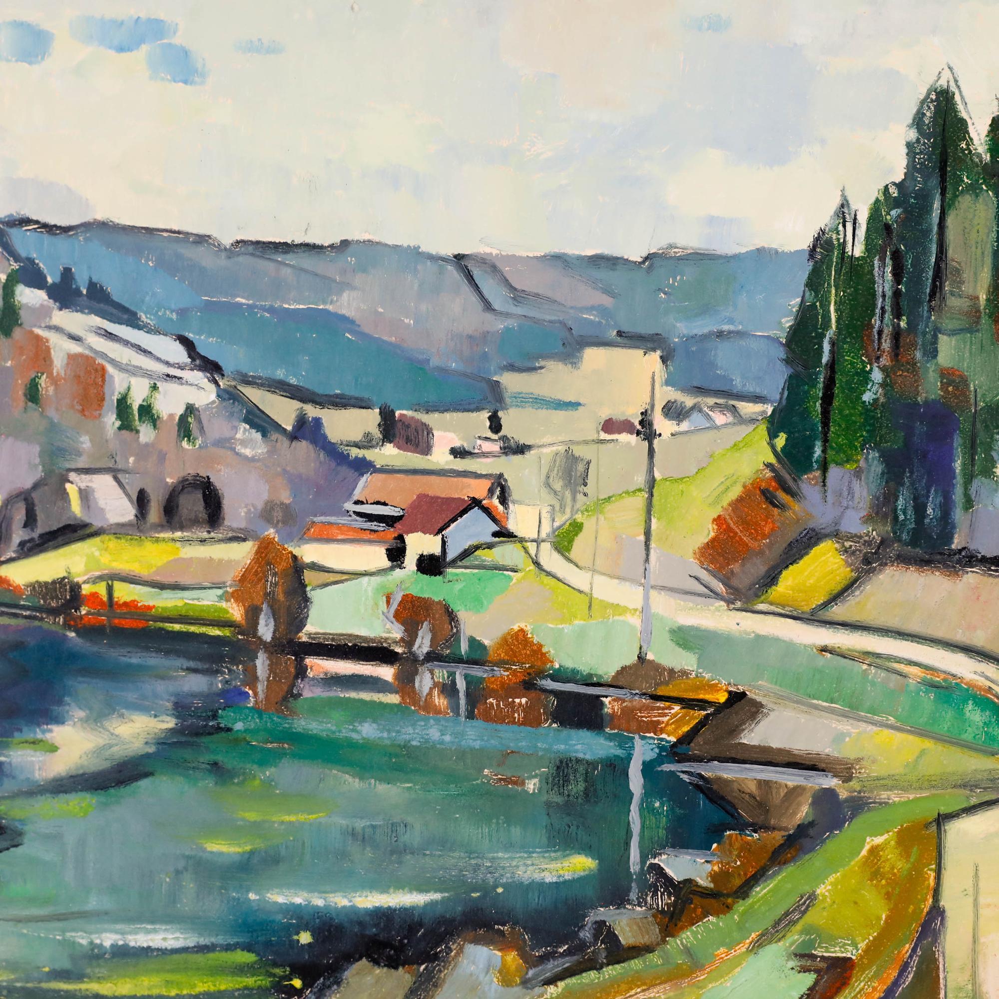 A vibrant patchwork of greens, blues, and browns makes up this captivating landscape by the French artist Serge Voisard. Signed and dated to the lower left. Well presented in a pale wooden frame. On paper.