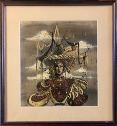 Set Design Modern Oil Painting on Paper Manner of Eugene Berman Surrealist Woman