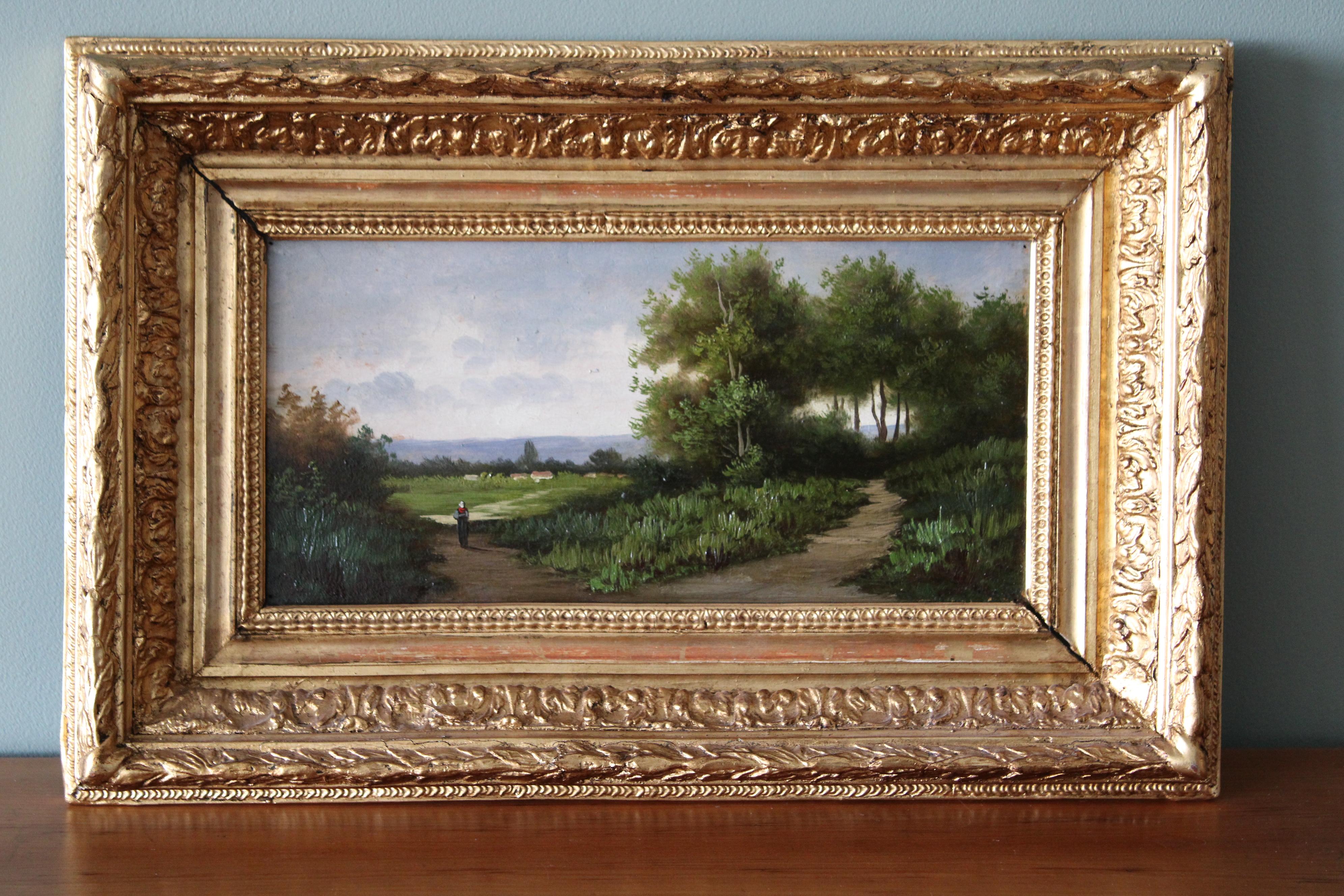 Set di 2 antichi paesaggi Barbizon francesi incorniciati del 1800, Strada di campagna - Painting di Unknown