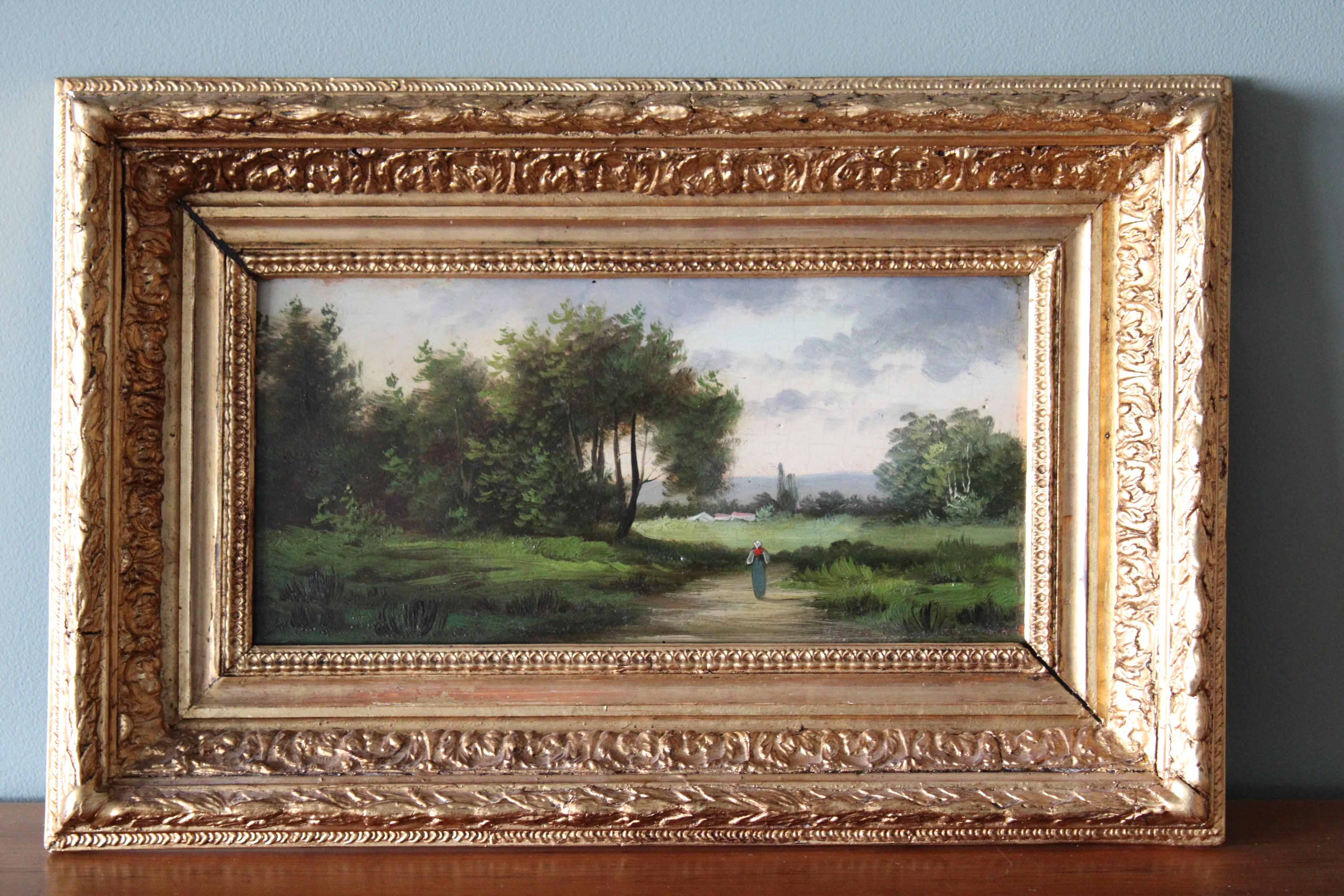 Set di 2 antichi paesaggi Barbizon francesi incorniciati del 1800, Strada di campagna - Painting Scuola francese di Unknown