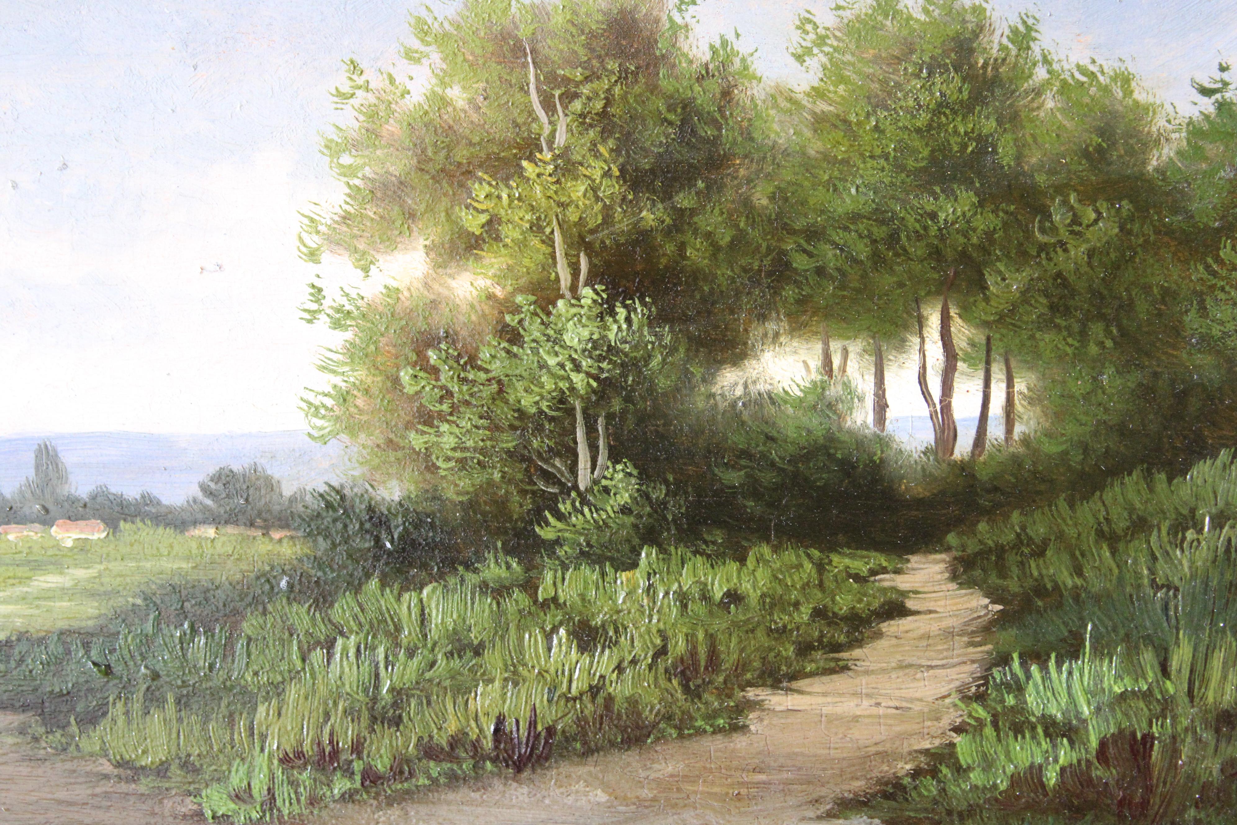 Coppia di paesaggi Antique French nelle loro cornici originali.  Questi meravigliosi paesaggi francesi in stile Barbizon sono incredibilmente autentici.  Ognuno di essi raffigura una donna che cammina in un paesaggio di campagna.  Vengono forniti