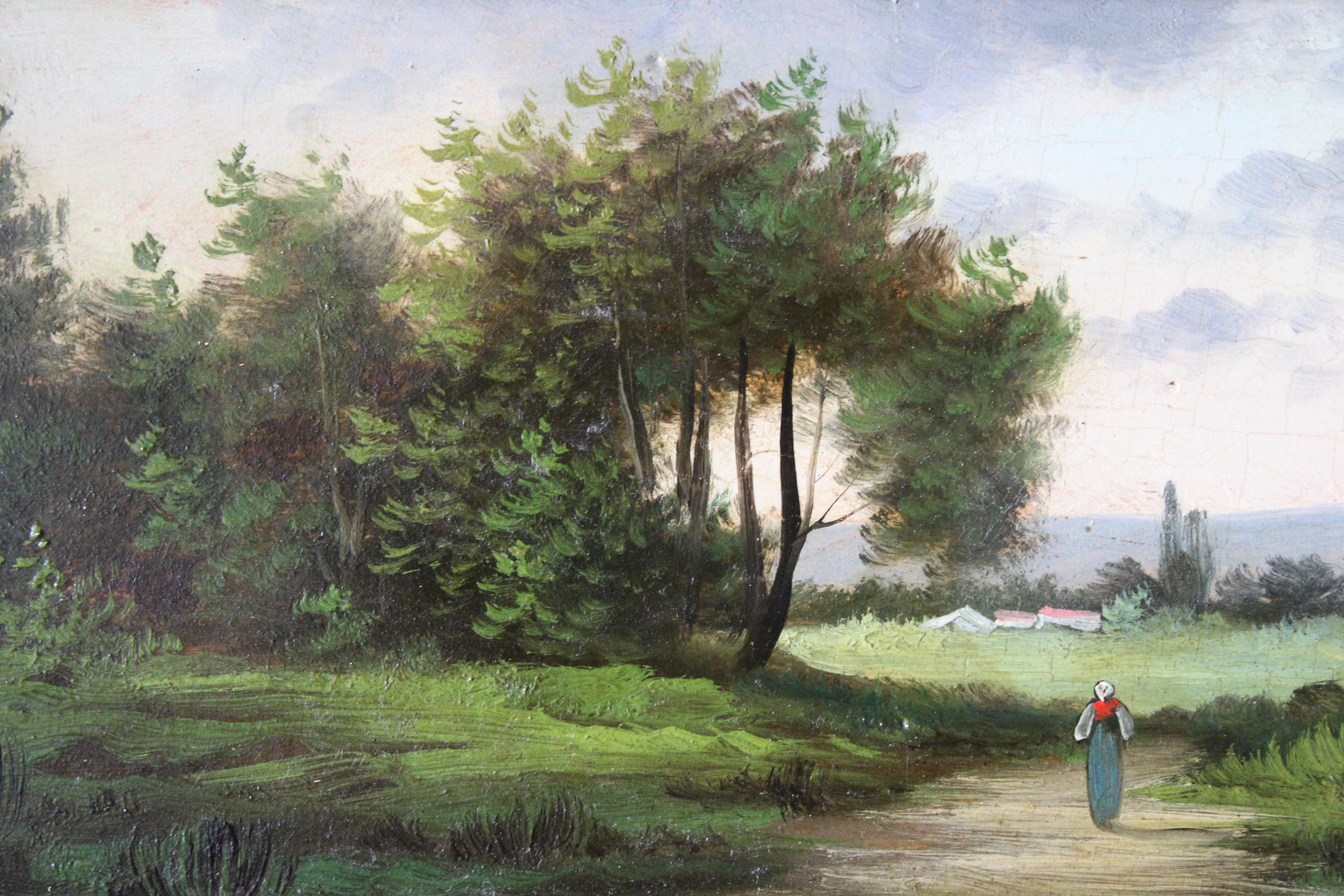 Set di 2 antichi paesaggi Barbizon francesi incorniciati del 1800, Strada di campagna 3
