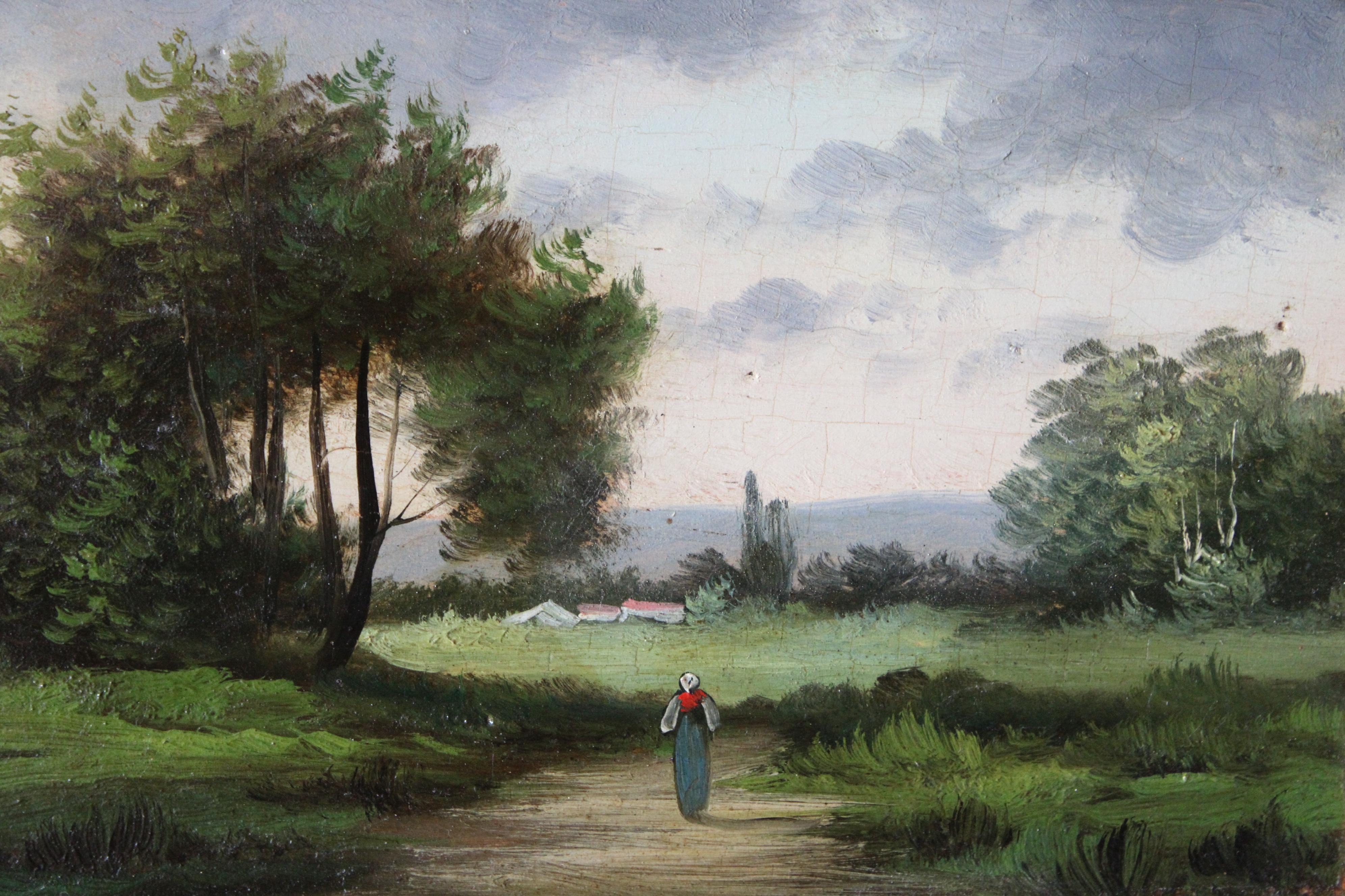 Set di 2 antichi paesaggi Barbizon francesi incorniciati del 1800, Strada di campagna 4