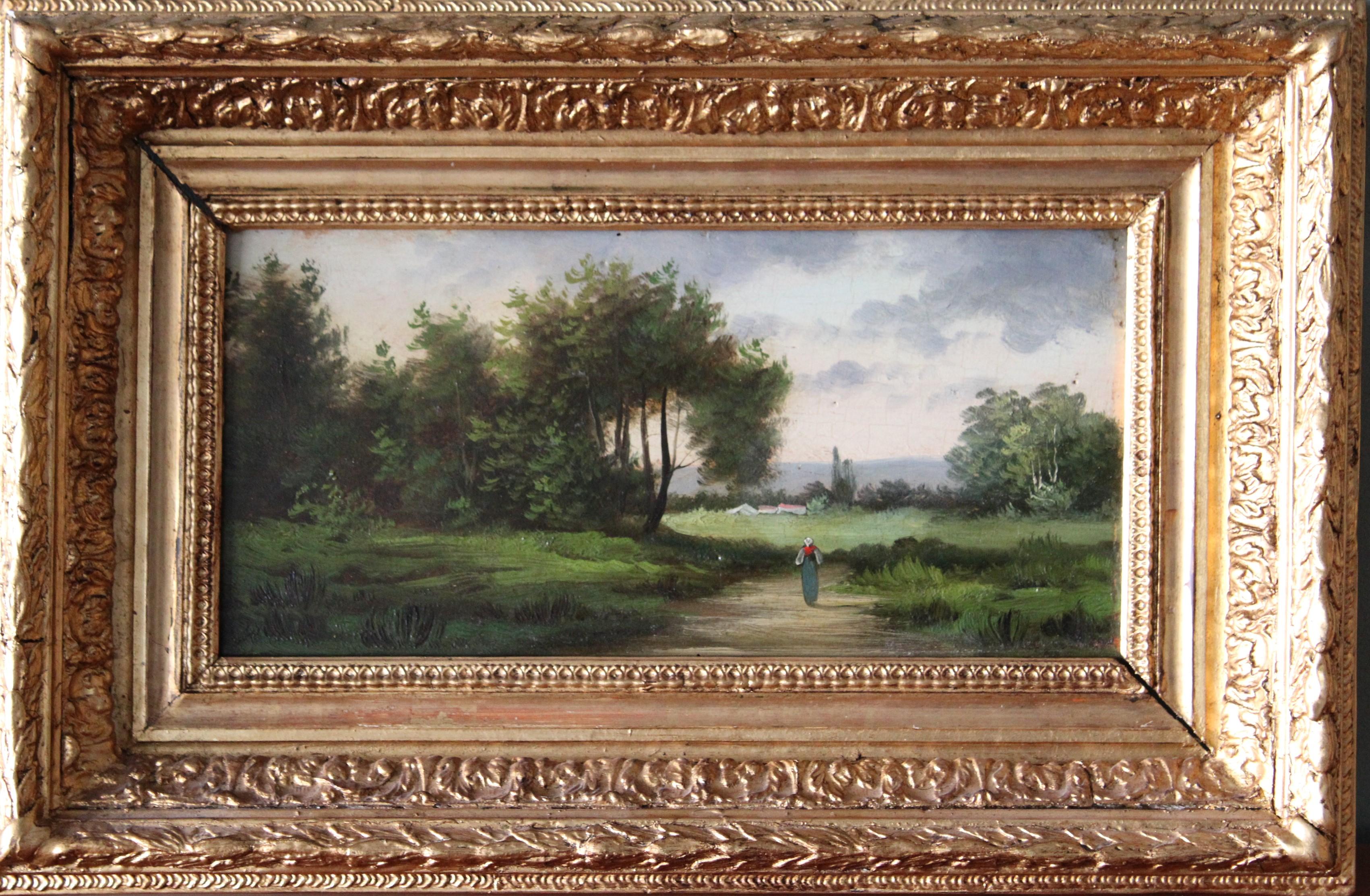 Landscape Painting di Unknown - Set di 2 antichi paesaggi Barbizon francesi incorniciati del 1800, Strada di campagna