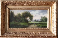 Set di 2 antichi paesaggi Barbizon francesi incorniciati del 1800, Strada di campagna
