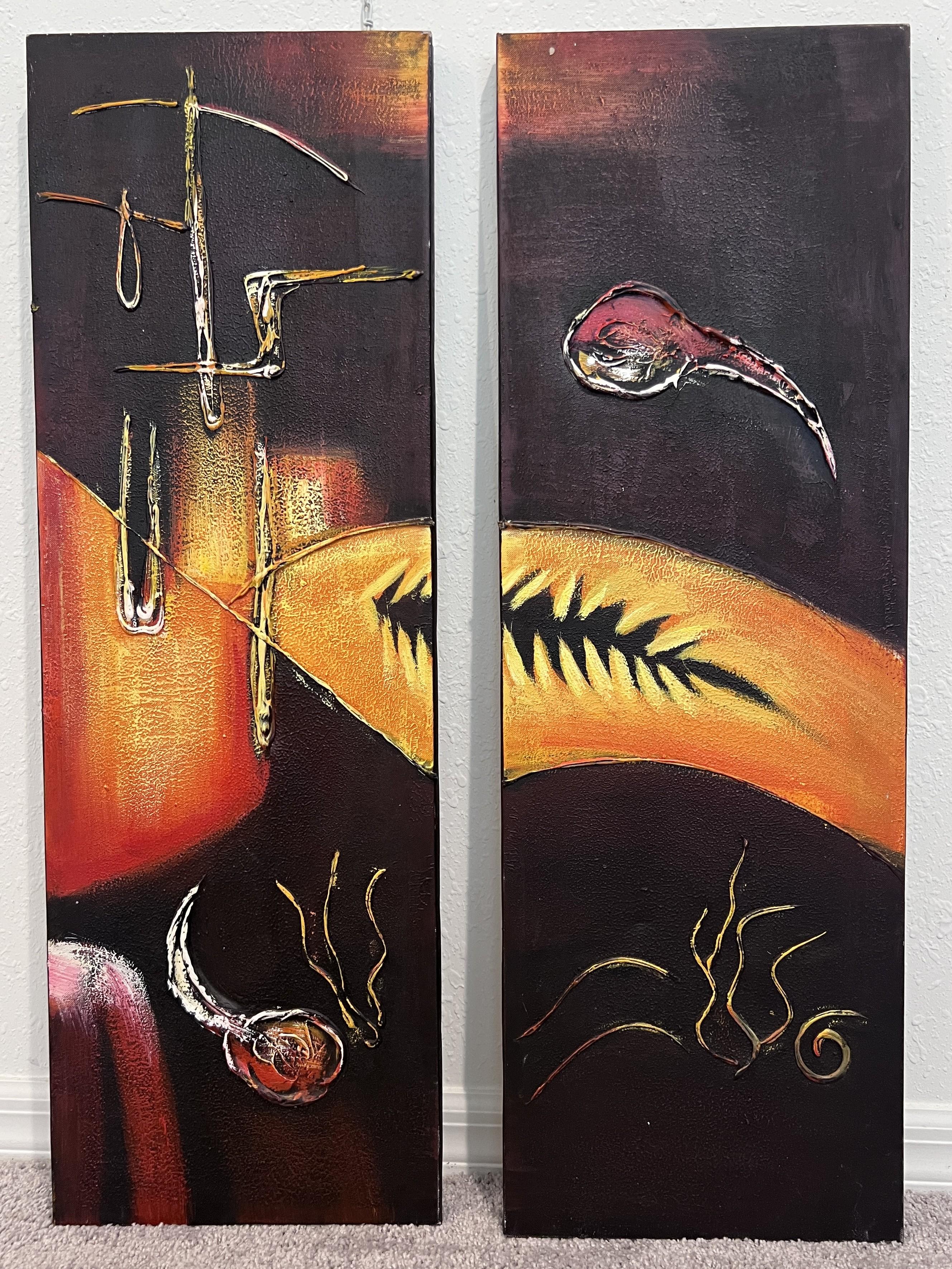 This striking set of two original abstract paintings radiates energy and movement through rich texture, dimensional elements, and a bold palette of warm earth tones and deep crimson. Each canvas tells a silent story—fluid organic forms resembling