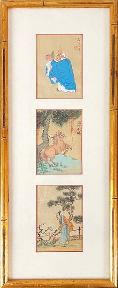 Set of 3 Vintage Japanese Miniature Paintings on Silk