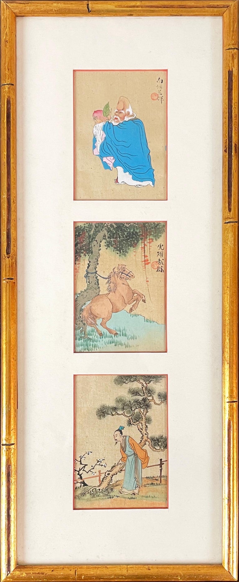 Unknown Figurative Painting - Set of 3 Vintage Japanese Miniature Paintings on Silk