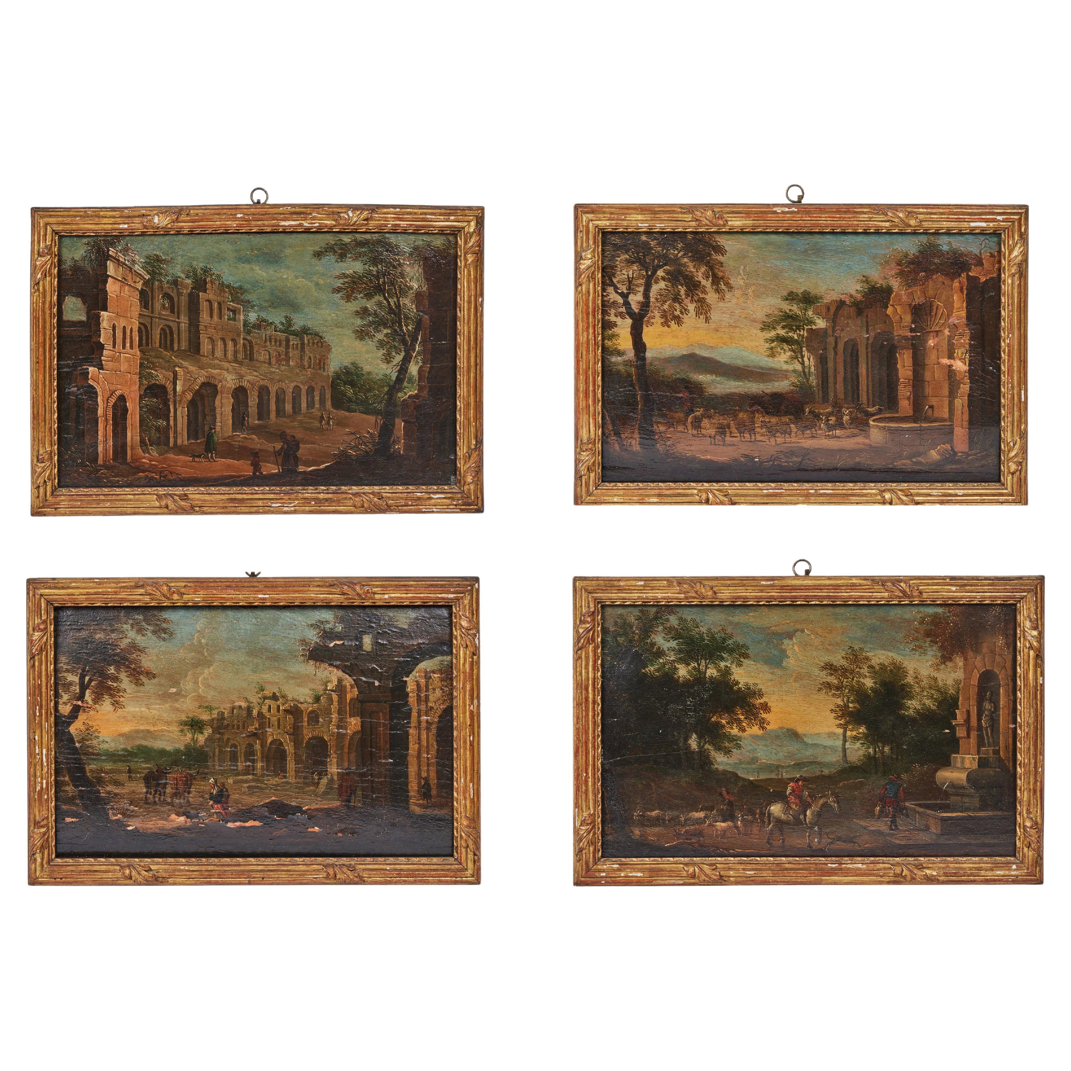 Set of 4 capriccio landscape oil on board paintings from the area of Florence
