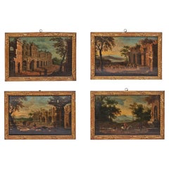 Antique Set of 4 Capriccio Landscape Paintings