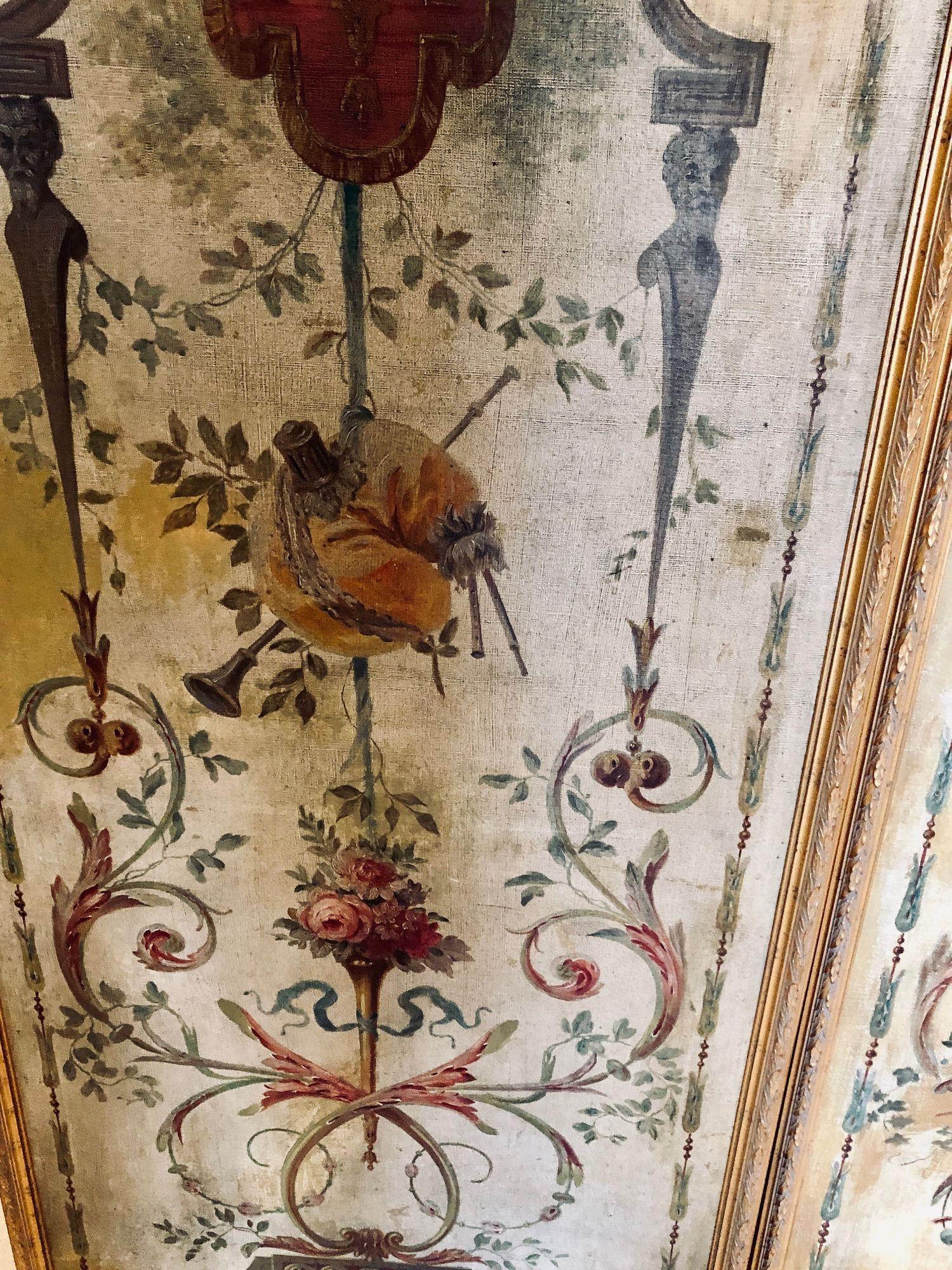 Set von 4 großen französischen Wandtafeln aus dem 19. Jahrhundert, Öl auf Leinwand, Trumeau im Angebot 12