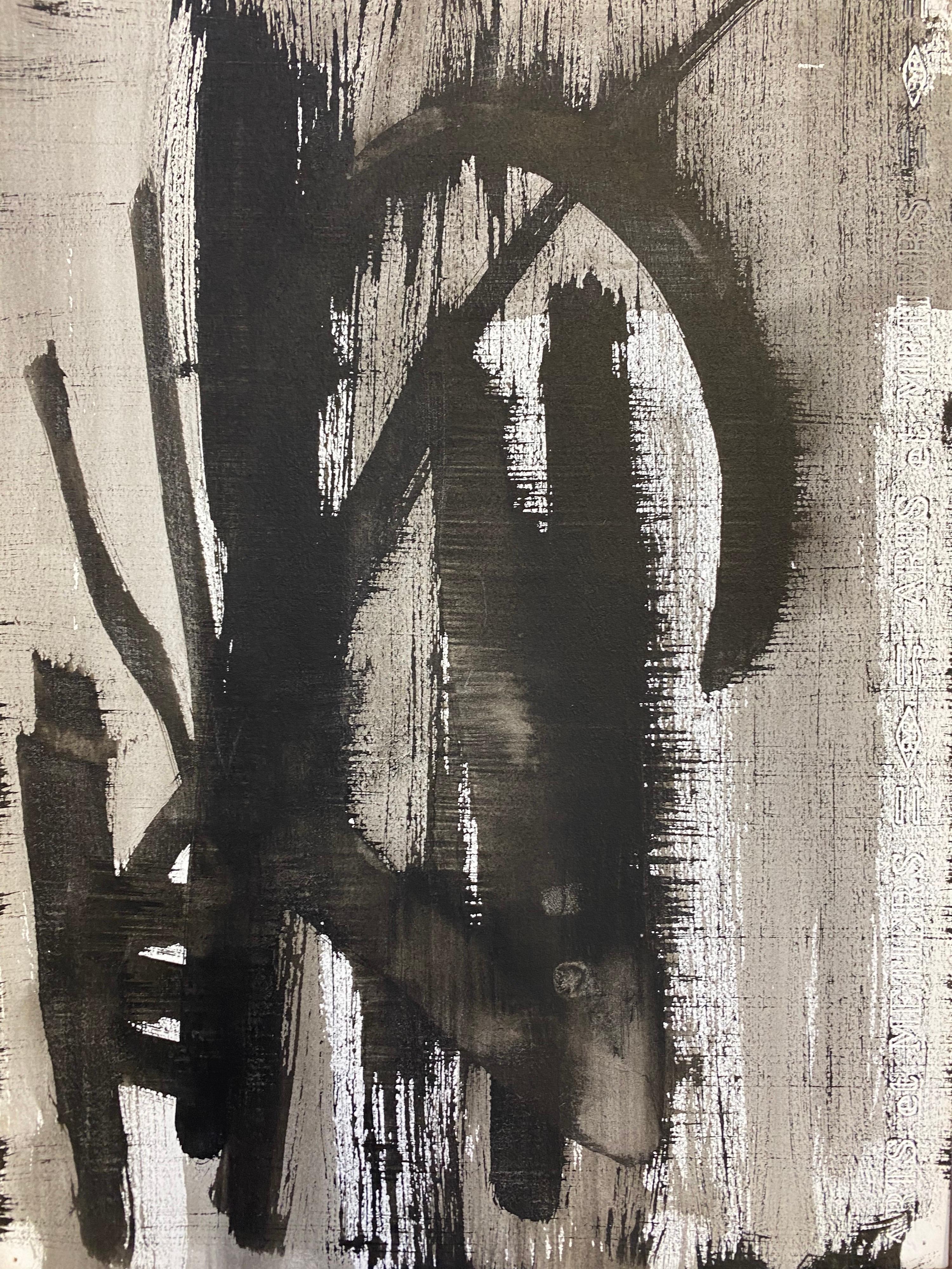 Ensemble de 4 peintures abstraites françaises originales en noir et blanc des années 1970 - Noir Abstract Painting par Unknown