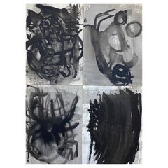 Ensemble de 4 peintures abstraites françaises originales en noir et blanc des années 1970