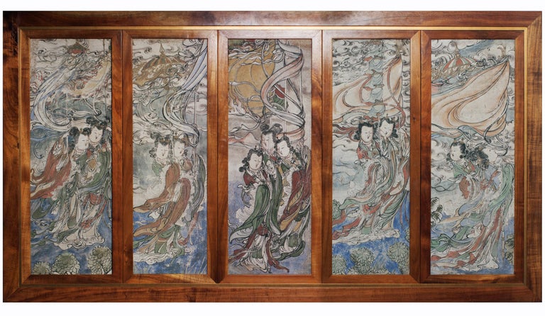 Set of 5 Ming Dynasty Fresco Panels ex. Private Collection circa 1930s - Painting by Unknown