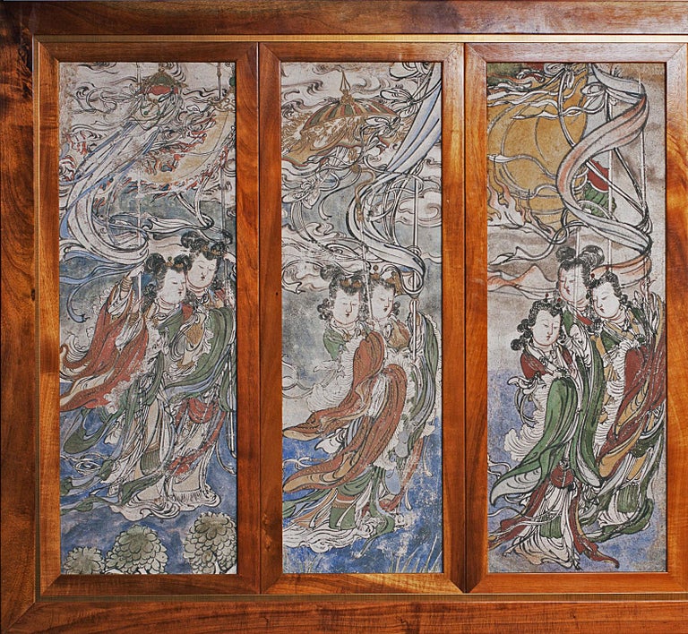 Set of 5 Ming Dynasty Fresco Panels ex. Private Collection circa 1930s - Gray Figurative Painting by Unknown