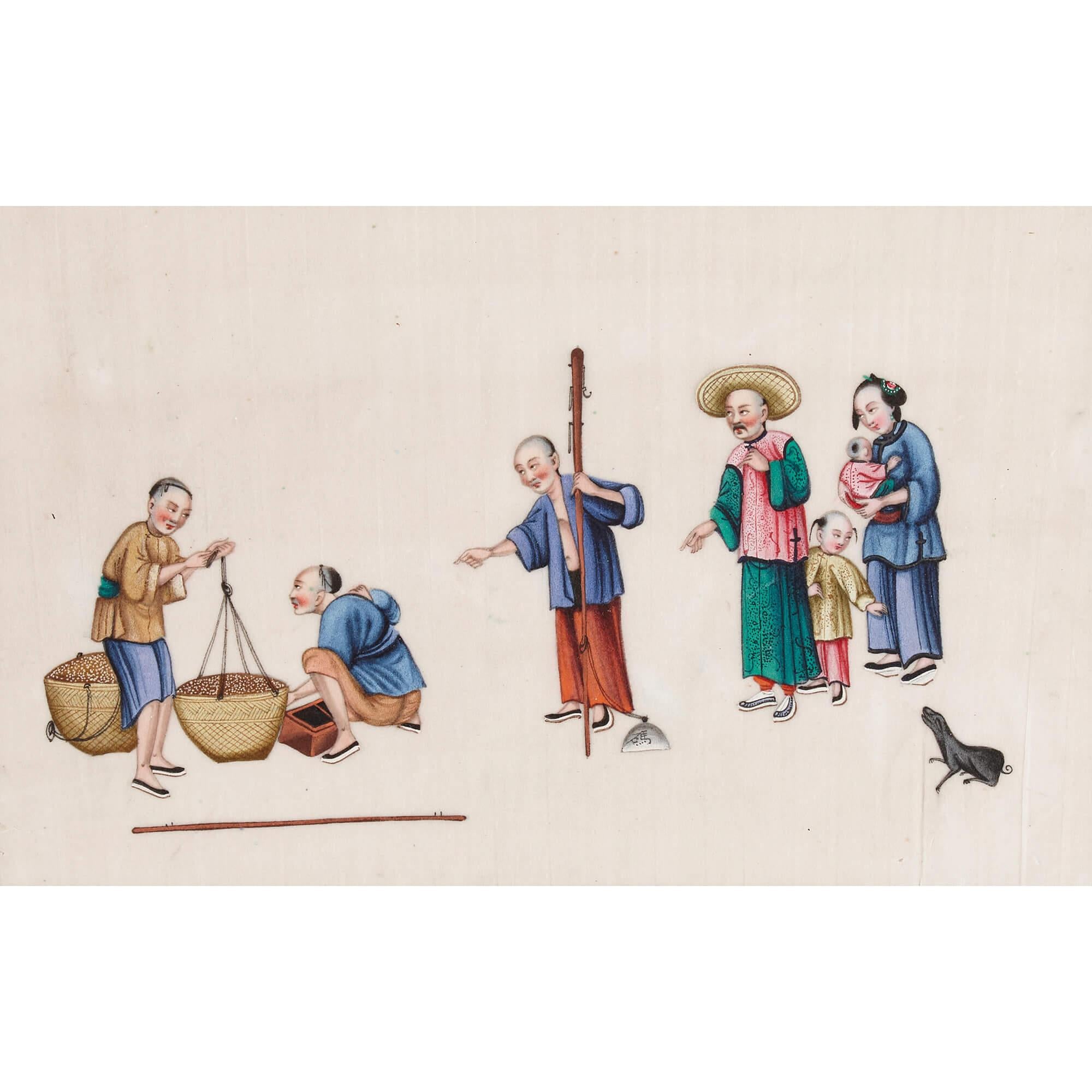 Set of Antique Chinese pith paintings depicting tea production 
Chinese, 19th Century
Panel: Height 21cm, width 33cm
Frame: Height 37cm, width 49cm, depth 1.5cm

These six painted vignettes expertly depict the process of tea production, capturing a