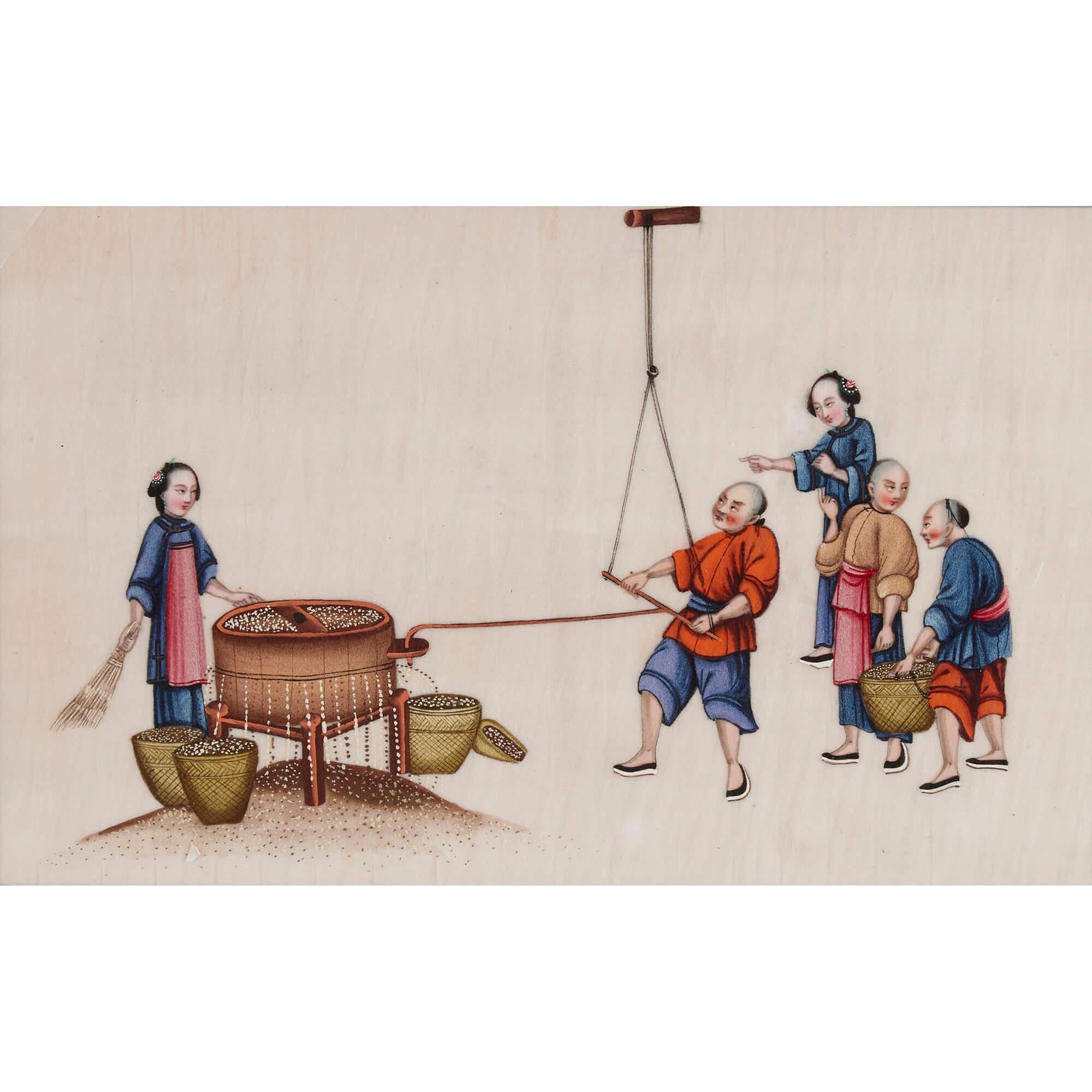 Set of Antique Chinese Pith Paintings Depicting Tea Production  For Sale 2