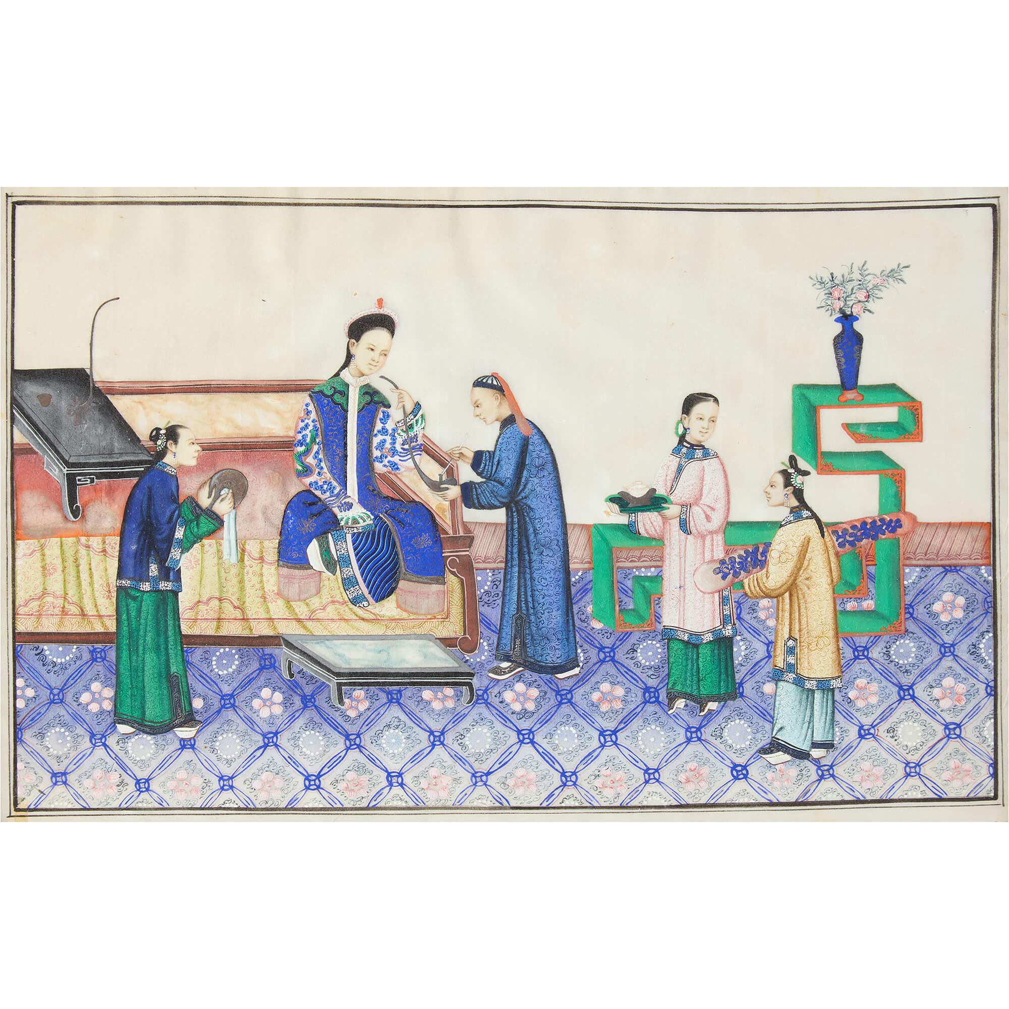 Set di otto dipinti su carta pith del XIX secolo raffiguranti dei dignitari
Cinese, XIX secolo 
Carta: Altezza 20 cm, larghezza 34 cm
Telaio: Altezza 24 cm, larghezza 36 cm, profondità 1,5 cm.

Questa straordinaria serie di otto acquerelli cinesi è