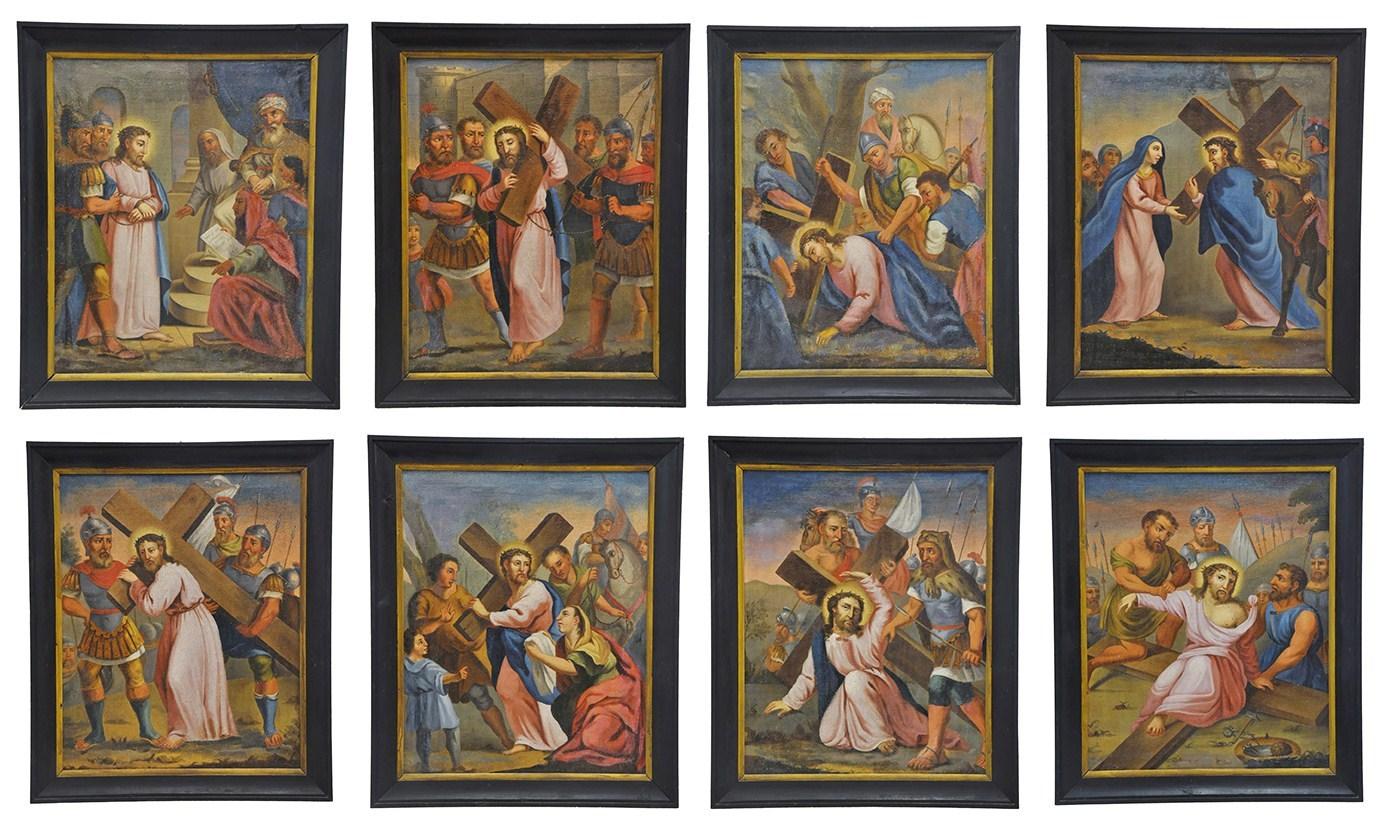 Unknown Figurative Painting - Set of Eight Antique "Stations of the Cross" Oil Paintings from Italy