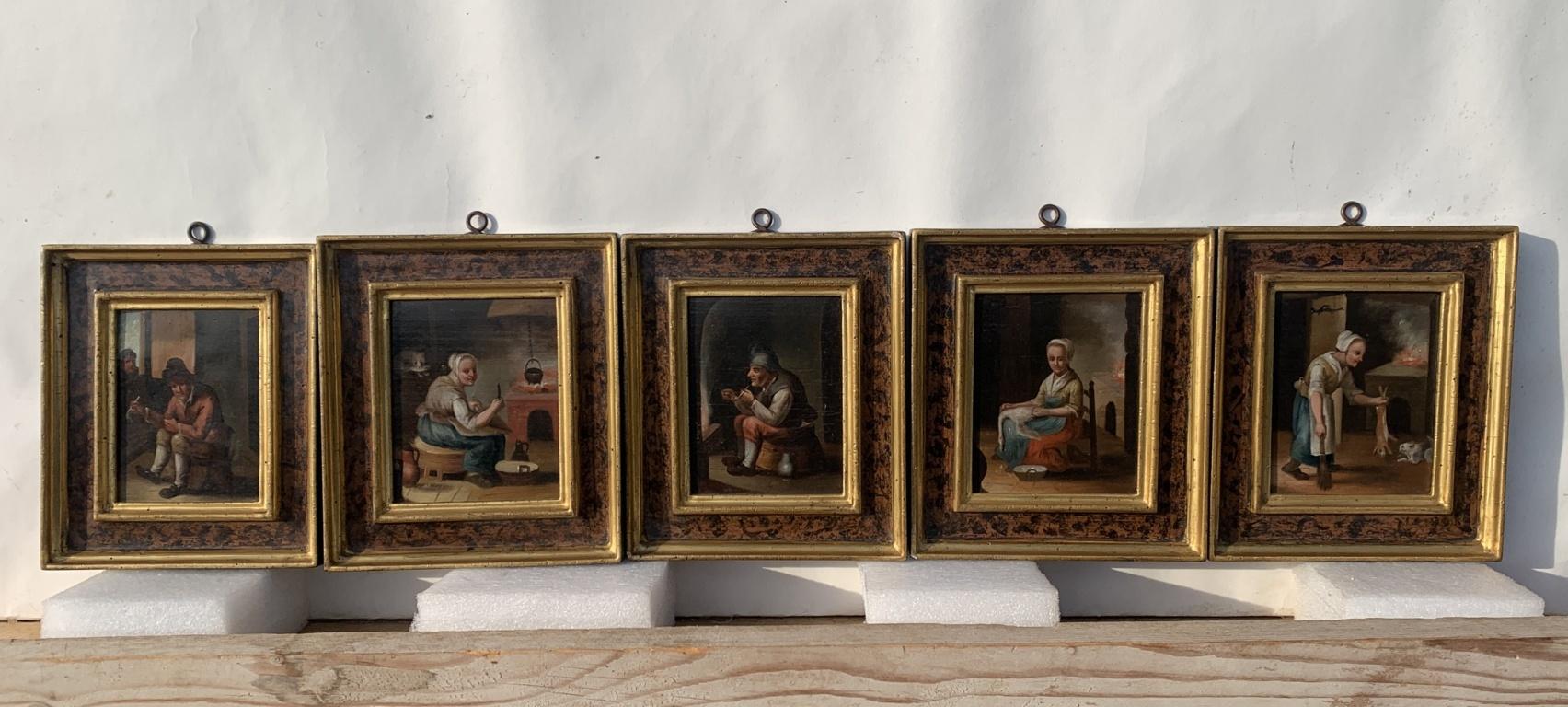 Set of Five 18th century Dutch figure paintings - Interiors scenes - Signed - Painting by Unknown