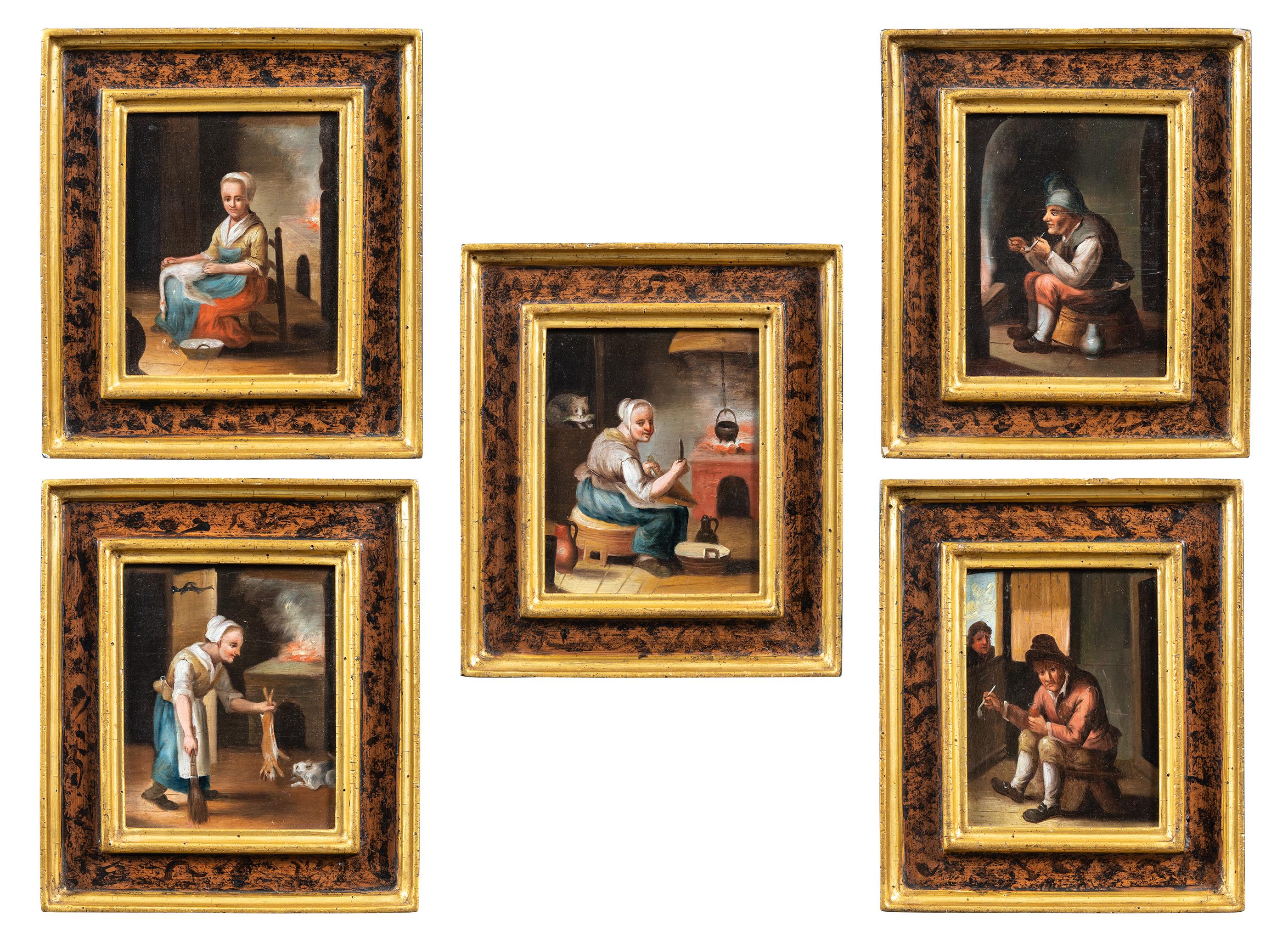 Unknown Portrait Painting - Set of Five 18th century Dutch figure paintings - Interiors scenes - Signed