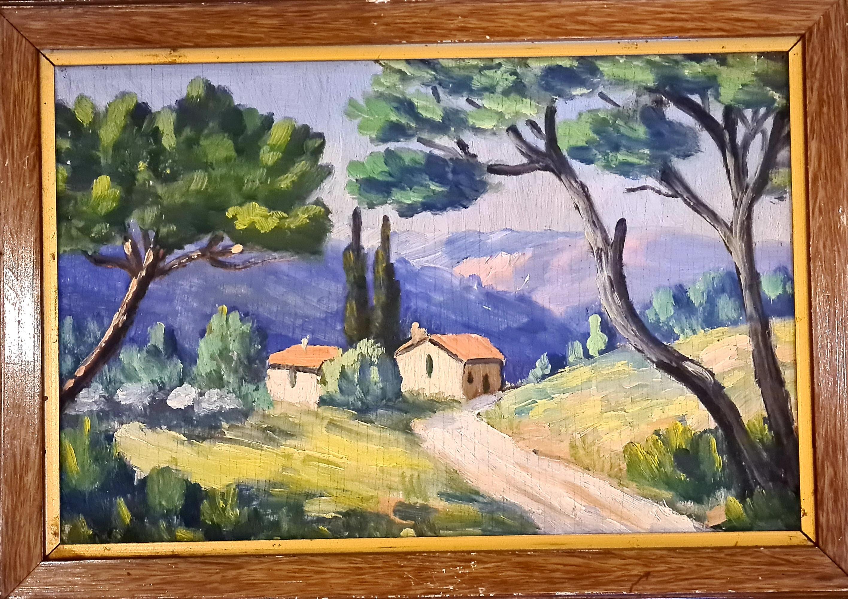 Ensemble de cinq paysages à l'huile sur carton représentant la Provence et le Sud de la France, peut-être St Tropez, non signés et présentés dans des cadres en bois patiné d'époque avec un filet doré.

Un bel ensemble de vues françaises colorées,
