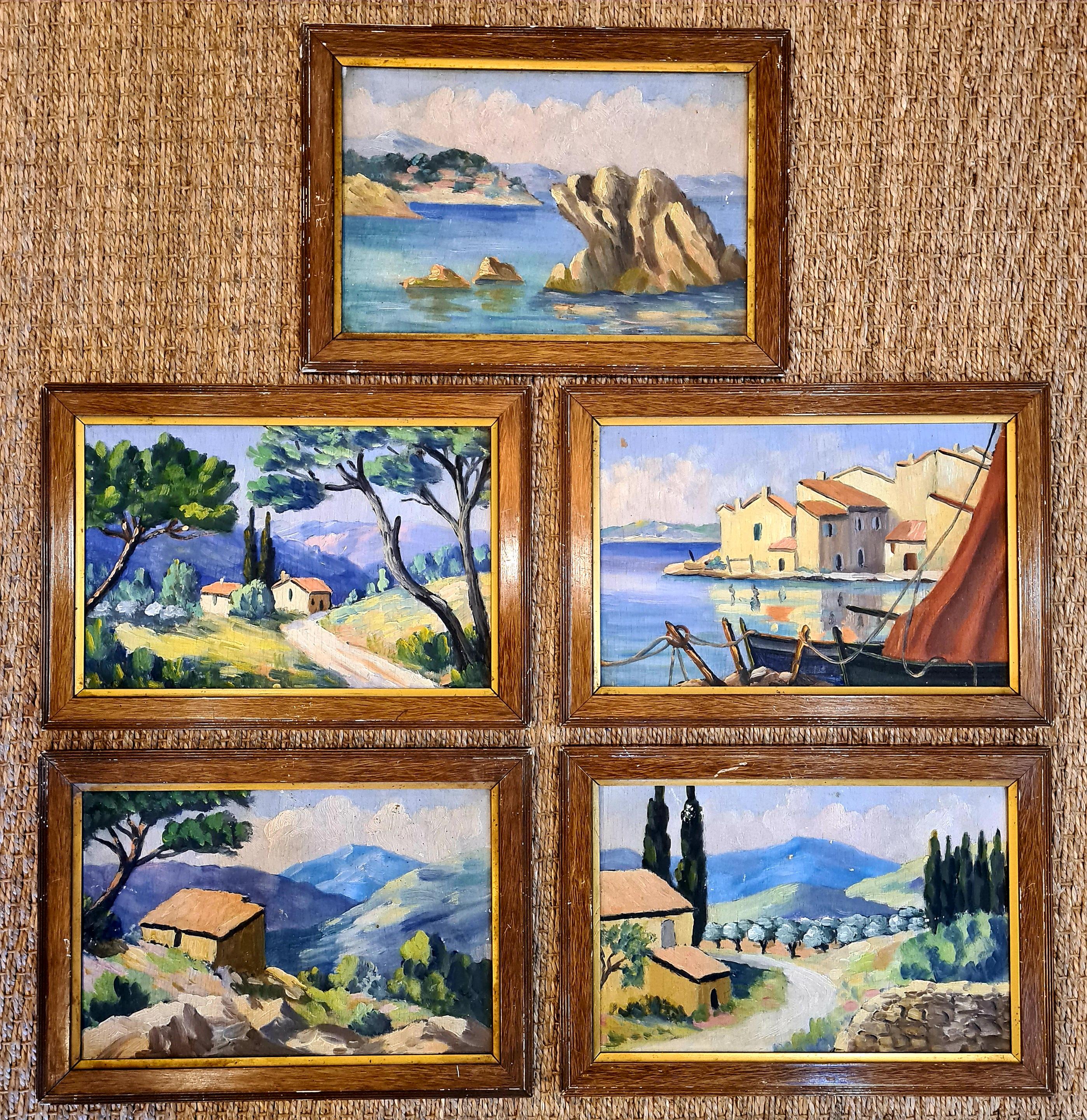 Landscape Painting Unknown - Ensemble de cinq paysages français du début du 20e siècle, Provence et Côte d'Azur